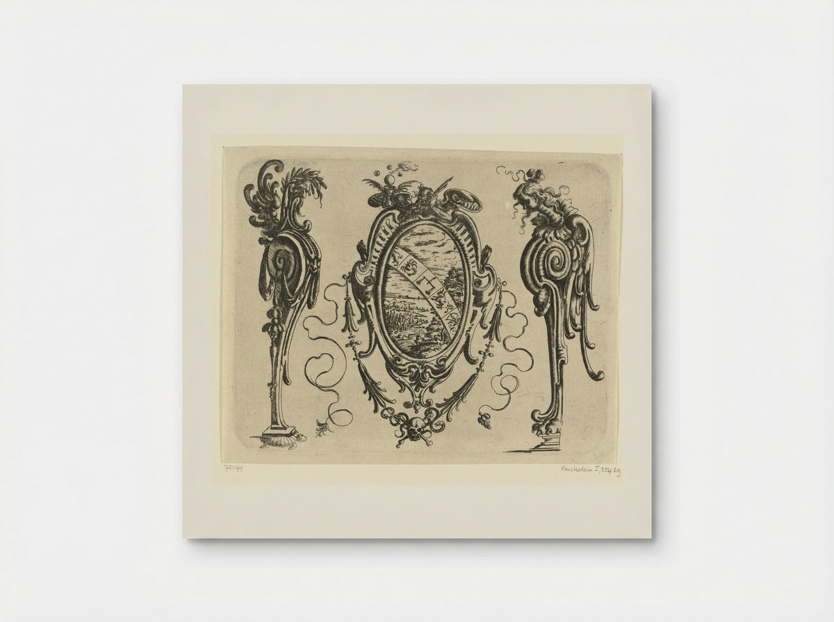 Ovale cartouche met een landschap in een omlijsting van rolwerk - Christoph Jamnitzer - Poster