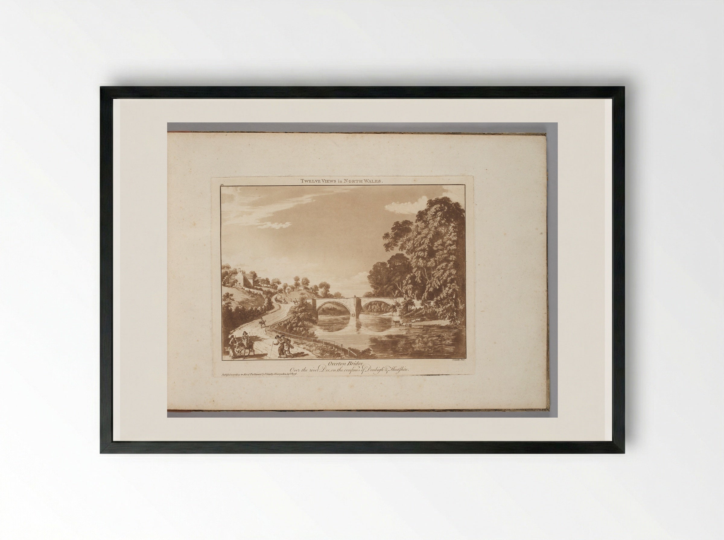 Overton Bridge Over the River Dee, On the Confines of Denbigh and Flintshire - Paul Sandby - Framed Print Black
