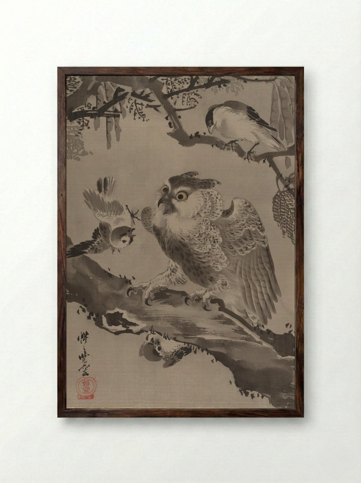 Owl Mocked by Small Birds - Kawanabe Kyōsai - Framed Print Dark Wood