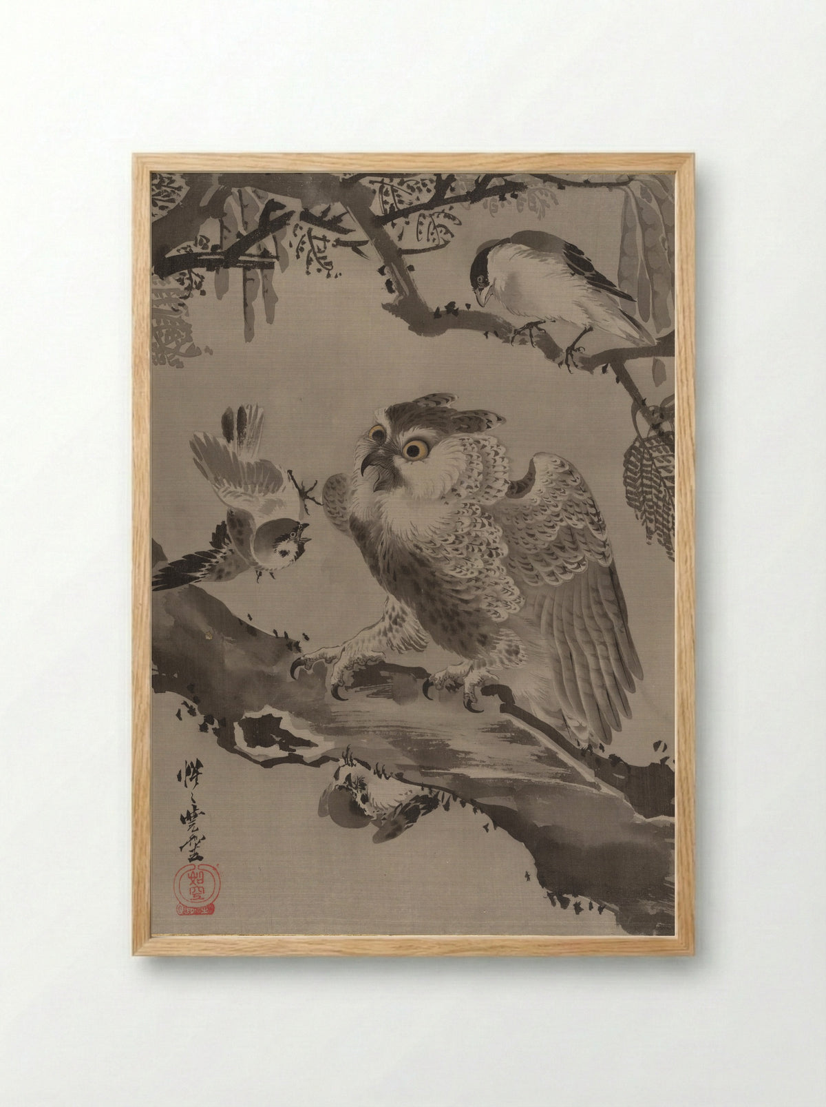 Owl Mocked by Small Birds - Kawanabe Kyōsai - Framed Print Wood