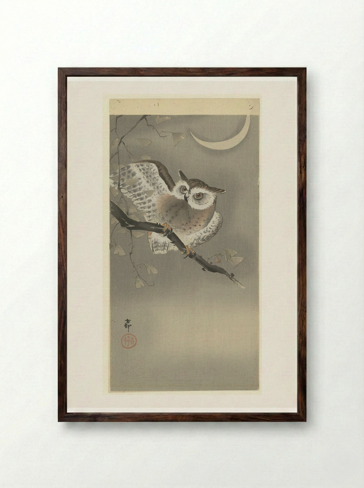 Owl in Ginkgo Tree - Matsuki Heikichi - Framed Print Dark Wood
