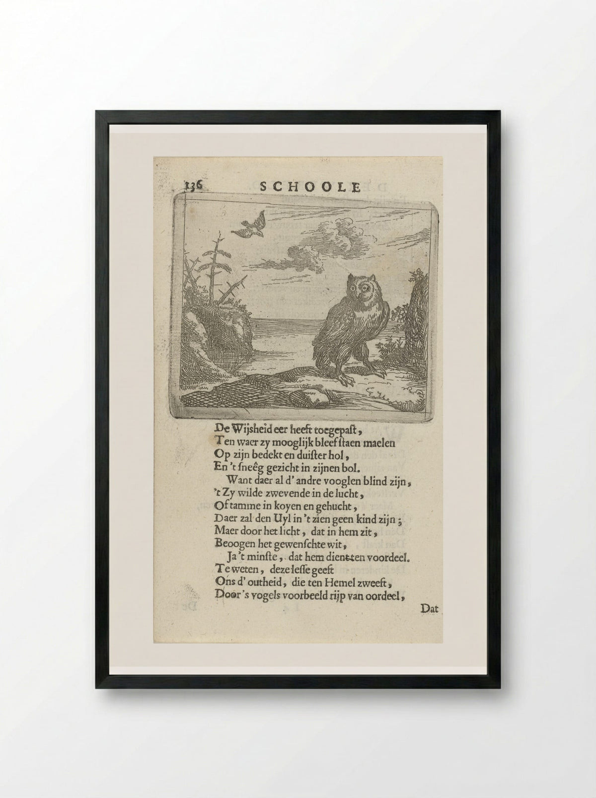 Owl in a Wide Landscape - Arnold Houbraken - Framed Print Black