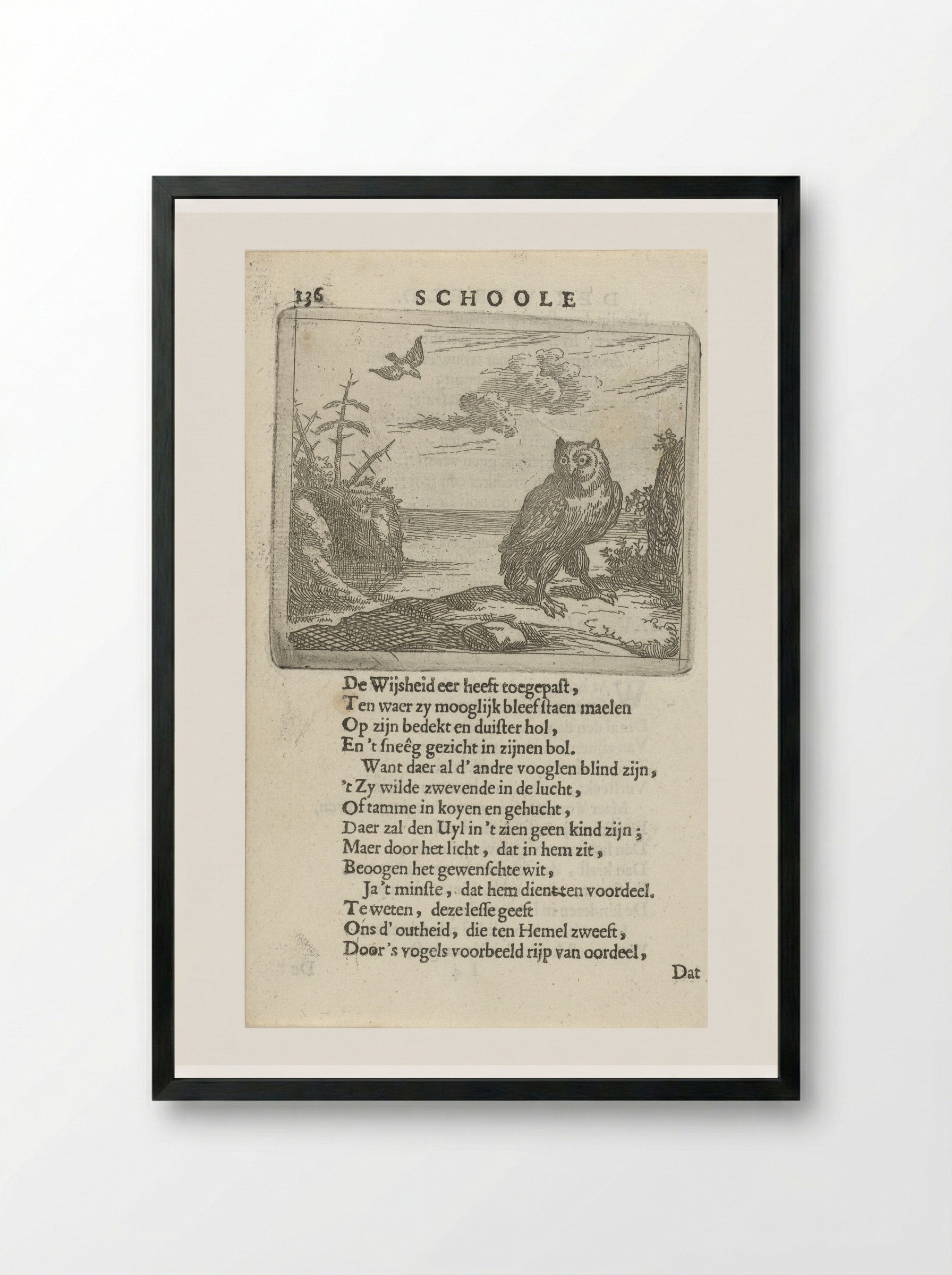 Owl in a Wide Landscape - Arnold Houbraken - Framed Print Black