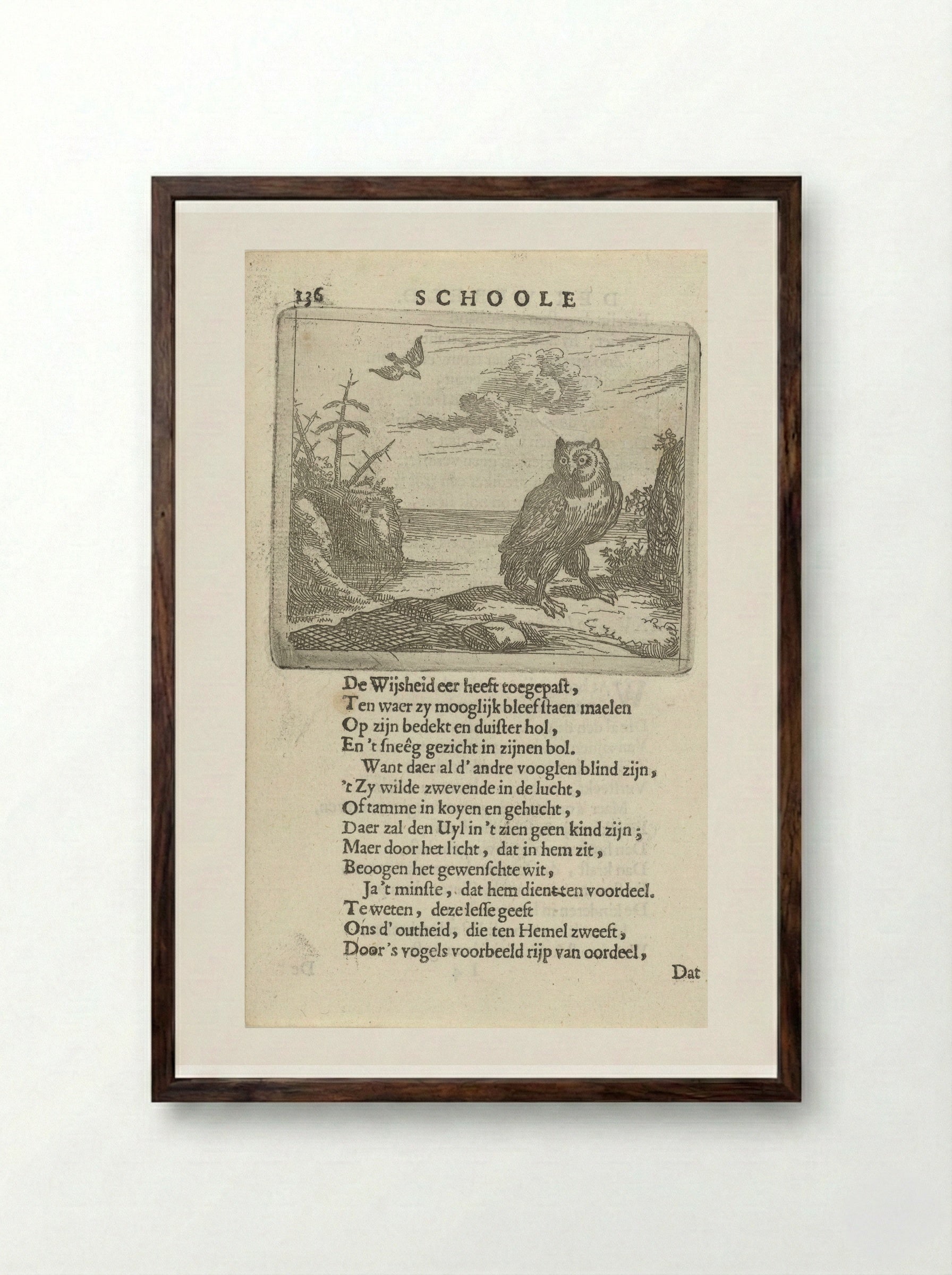Owl in a Wide Landscape - Arnold Houbraken - Framed Print Dark Wood