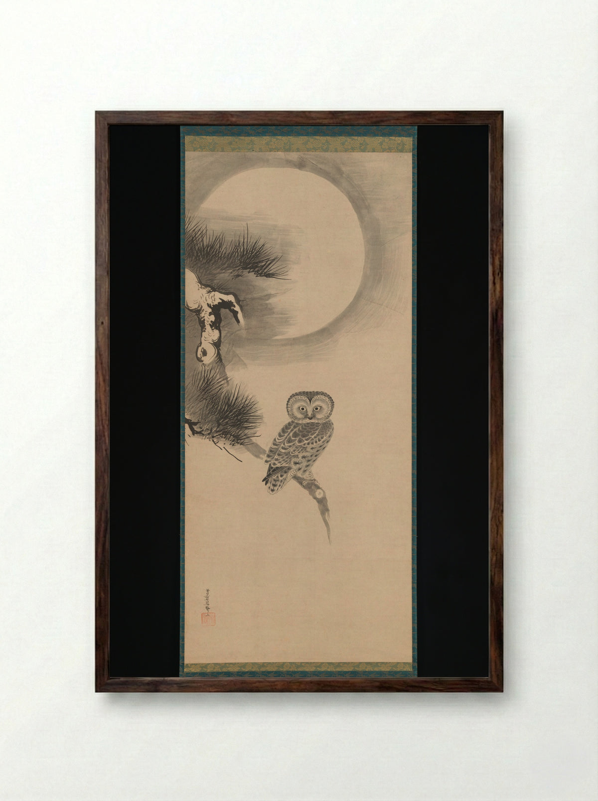Owl on a Pine Branch - Soga Nichokuan - Framed Print Dark Wood