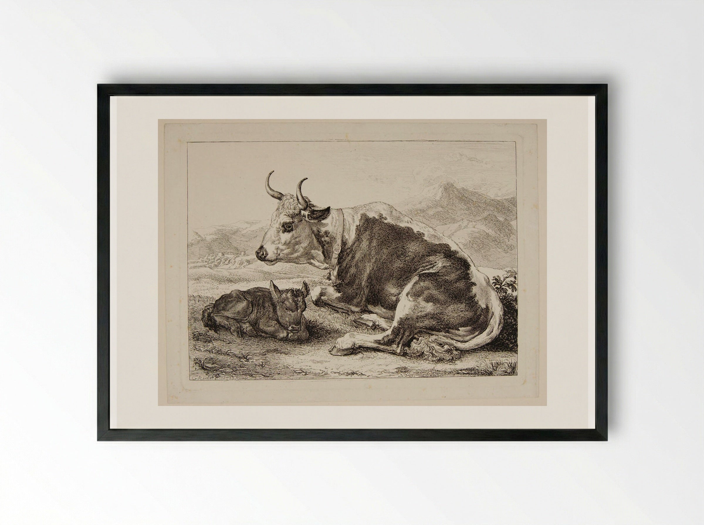Ox and Calf - Johann Christian Reinhart - Framed Print Black