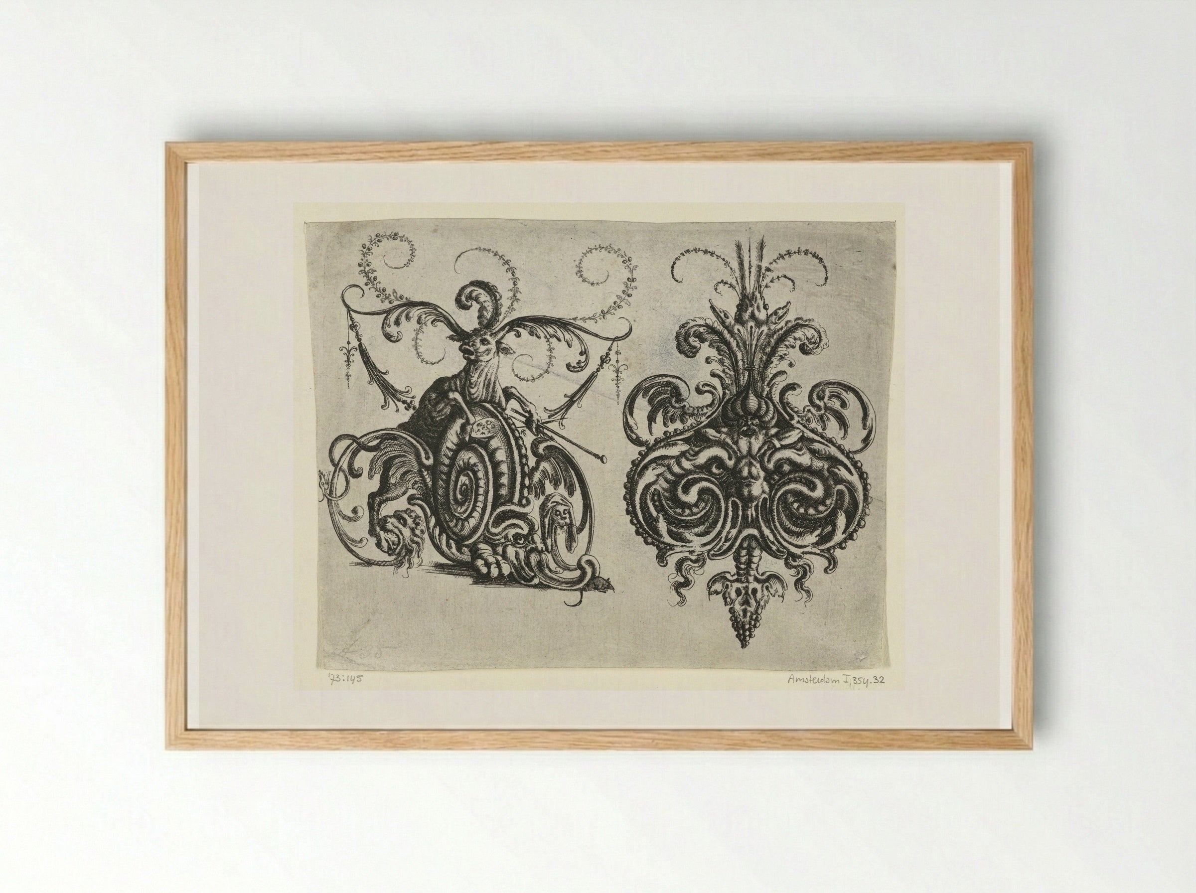 Ox with Foliate Horns and a Mascaron - Christoph Jamnitzer - Framed Print Wood