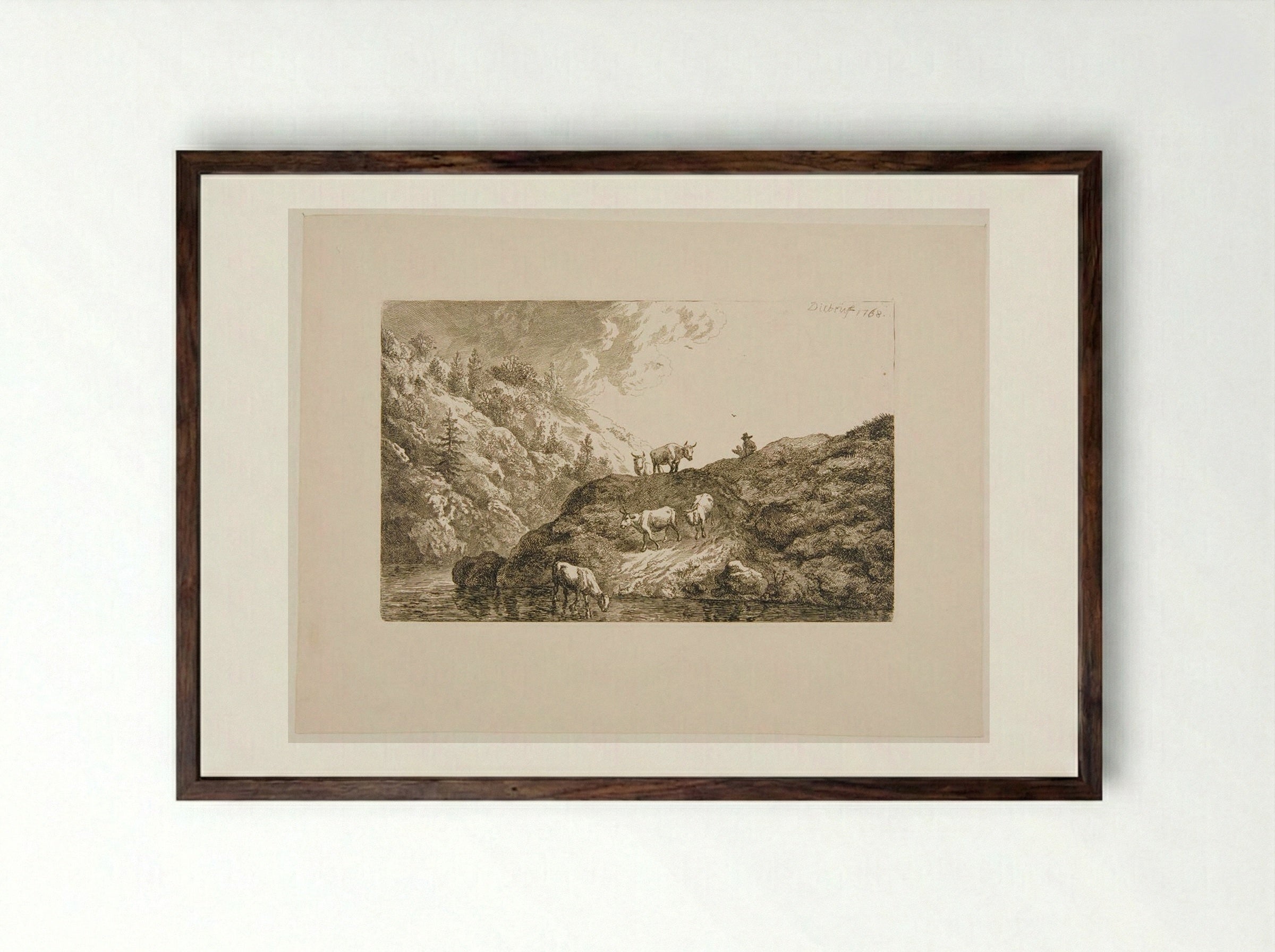 Oxen Going to Drink - Christian Wilhelm Ernst Dietrich - Framed Print Dark Wood