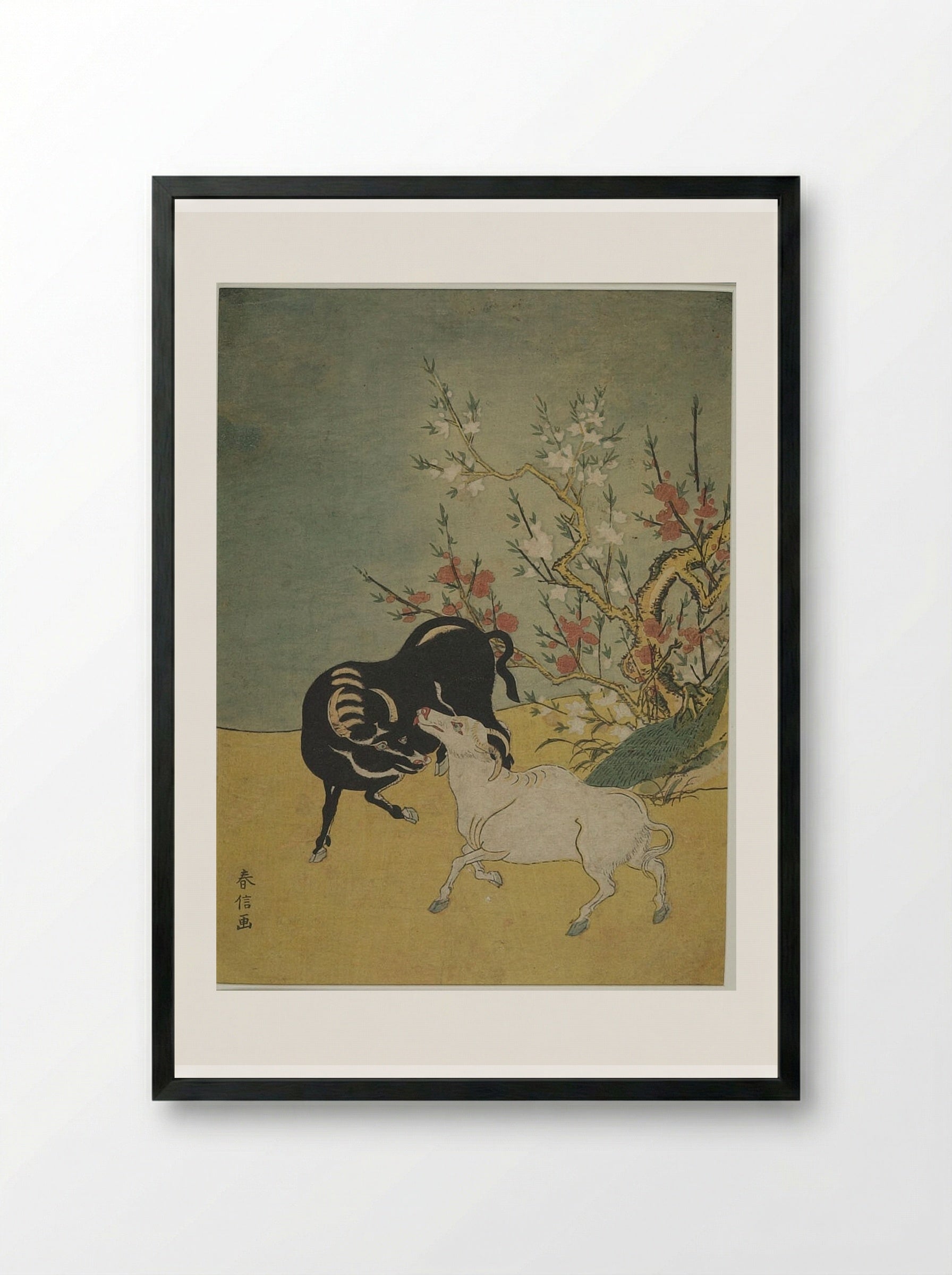 Oxen and Plum Trees - Suzuki Harunobu - Framed Print Black