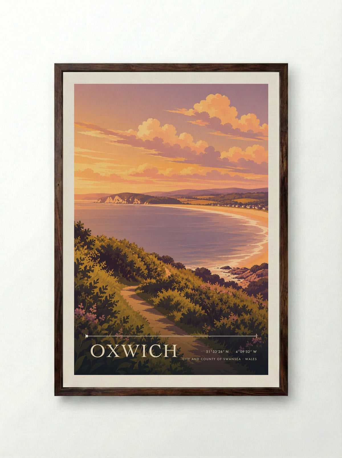Oxwich, City and County of Swansea | Travel Poster - Framed Print Dark Wood