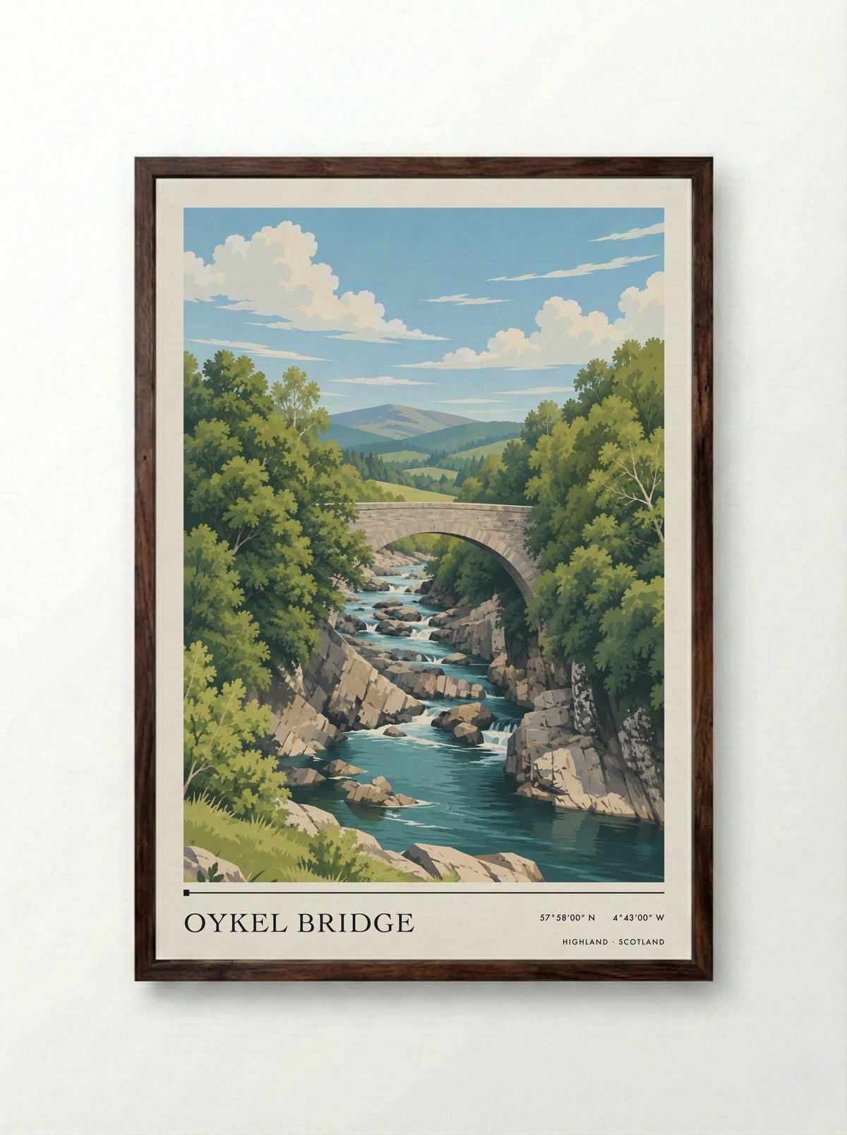 Oykel Bridge, Highland | Travel Poster - Framed Print Dark Wood