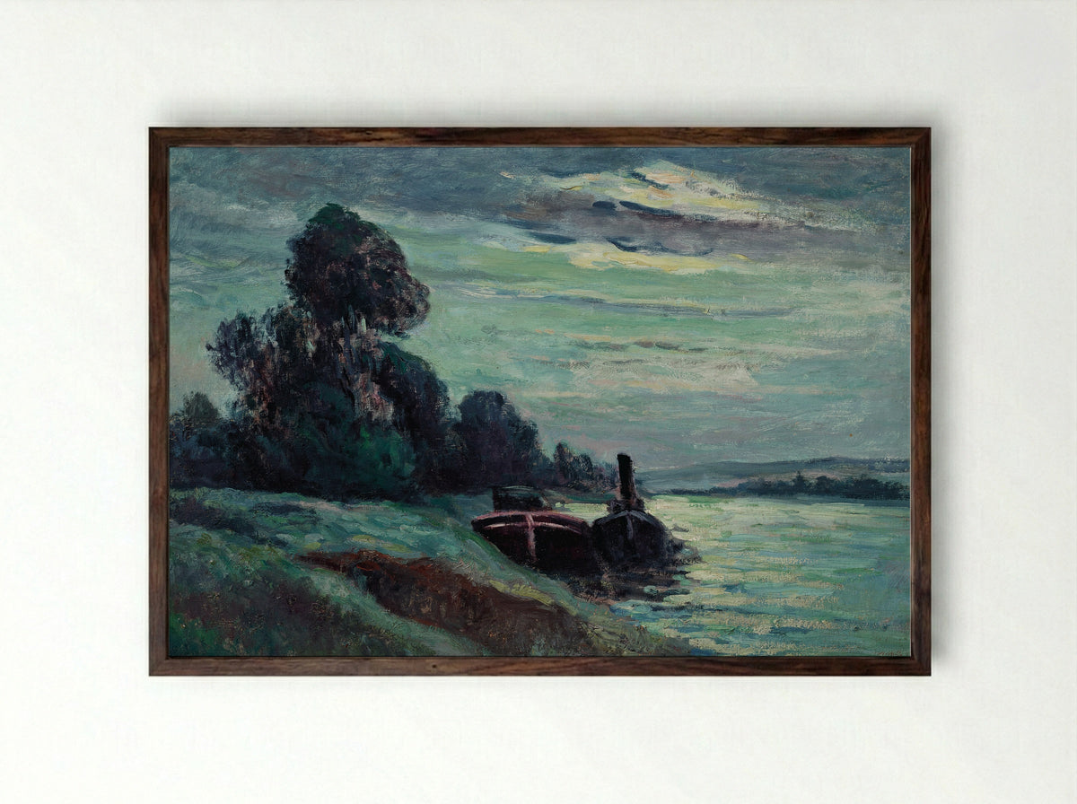 Péniches Sur La Seine - Maximilien Luce - Framed Print Dark Wood