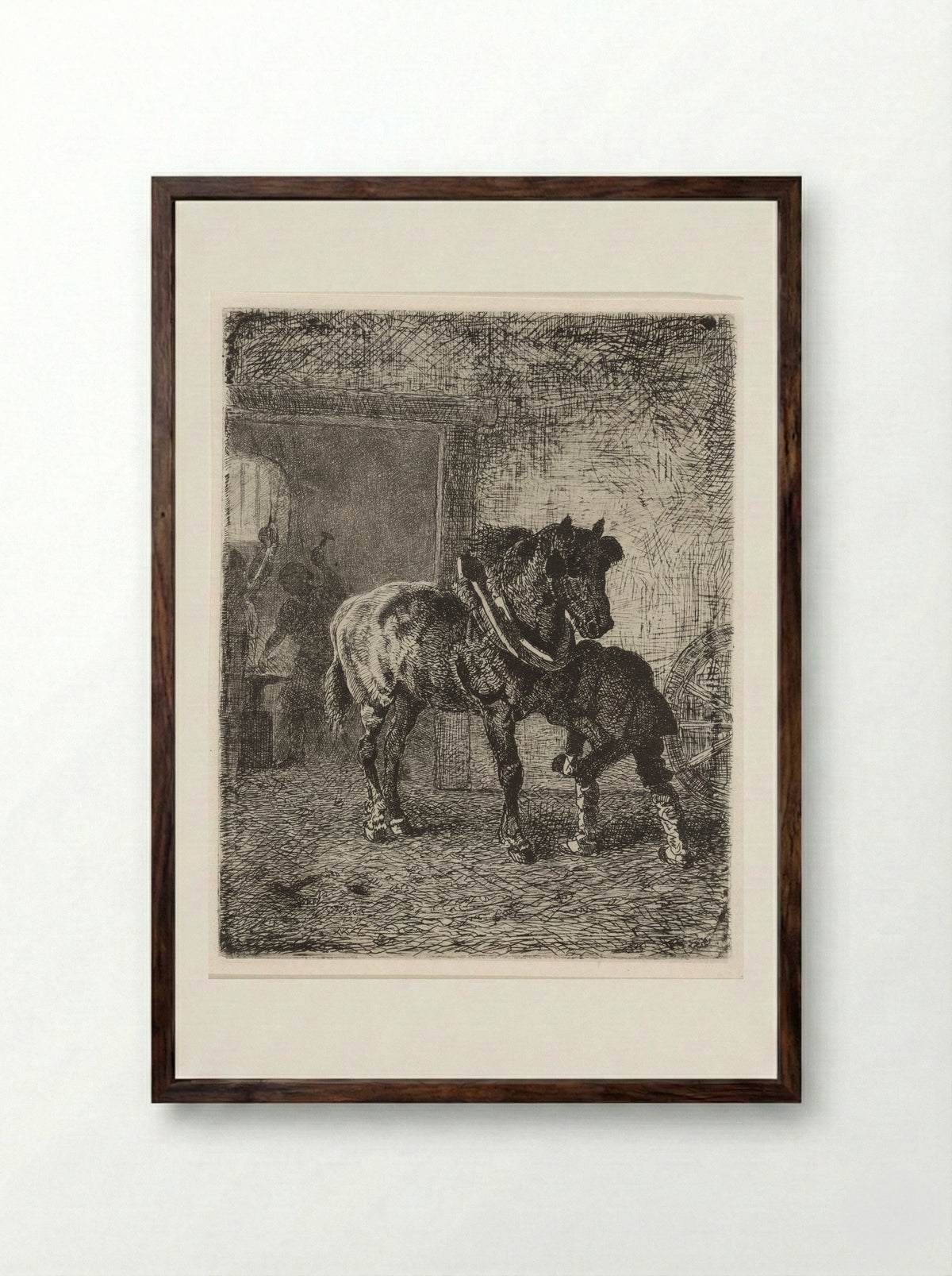 Paard krijgt hoefijzers in een smederij - Cornelis Albertus Johannes Schermer - Framed Print Dark Wood