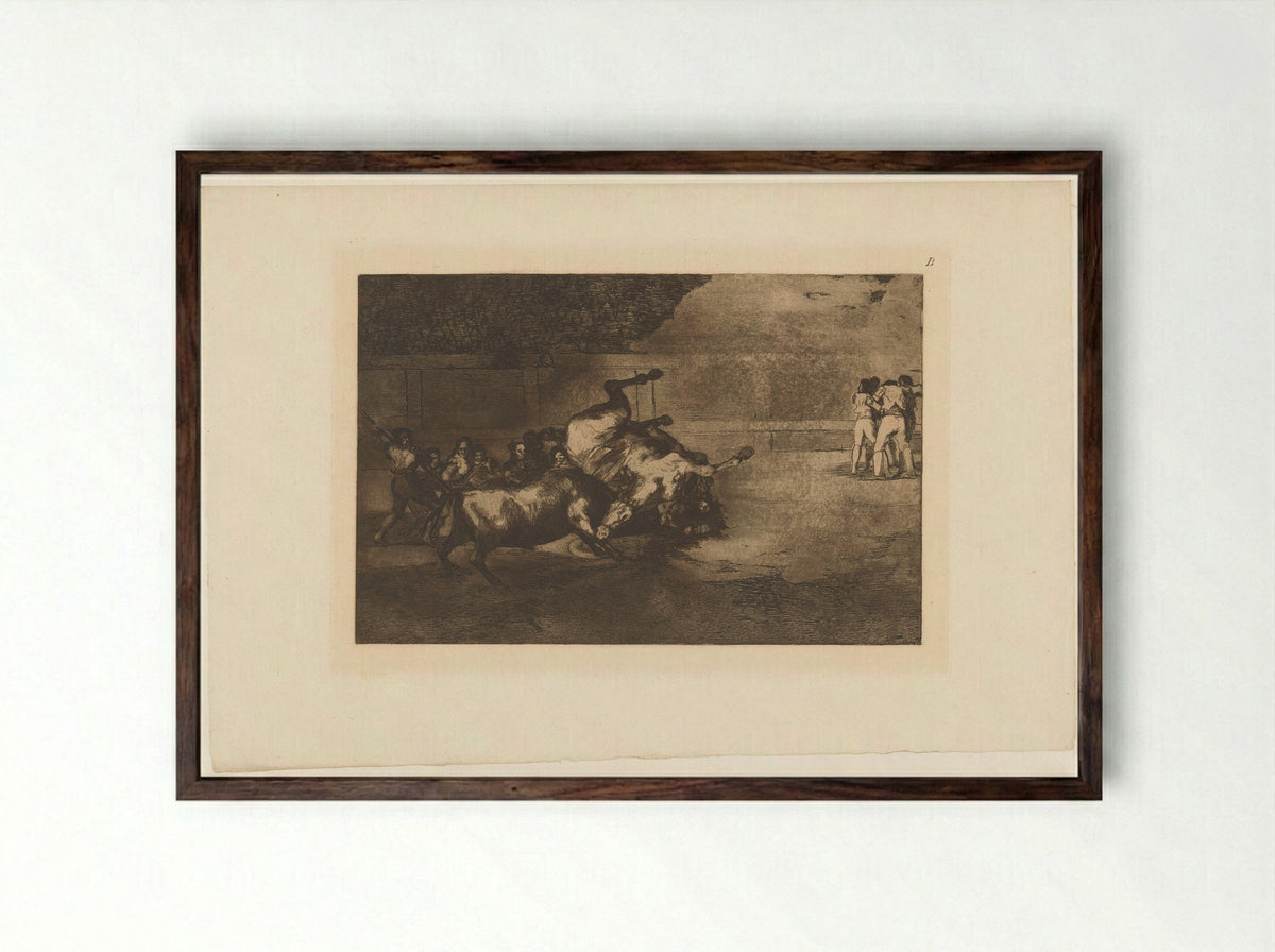 Paard omver gegooid door een stier - Eugène Loizelet - Framed Print Dark Wood