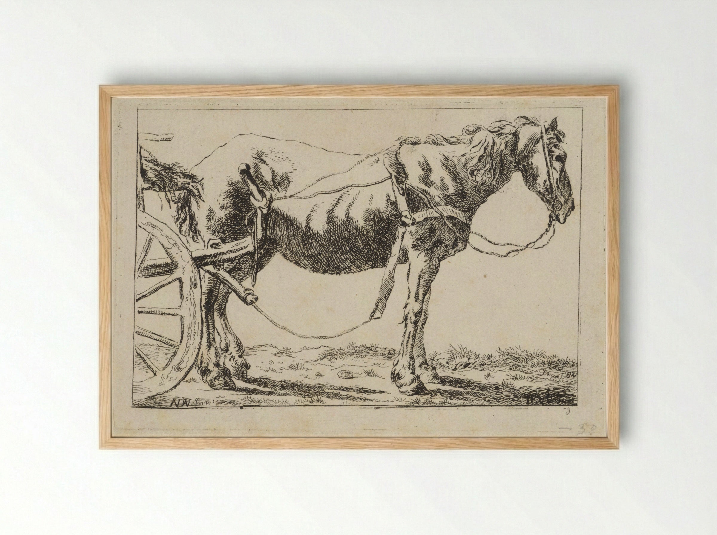 Paard voor een kar ingespannen - Jacob Elias van Varelen - Framed Print Wood