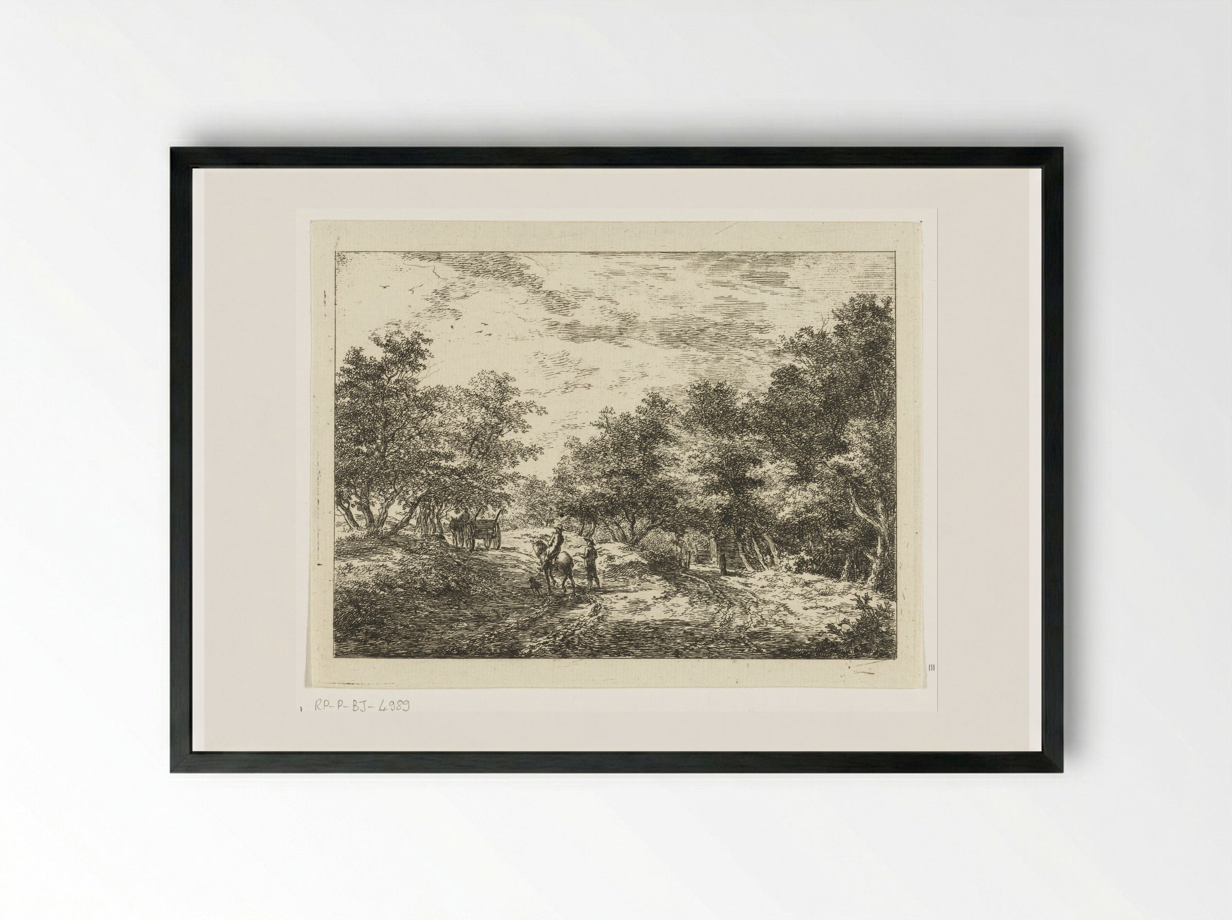 Pad door het bos met wagen, wandelaar en ruiter - Hermanus van Brussel - Framed Print Black