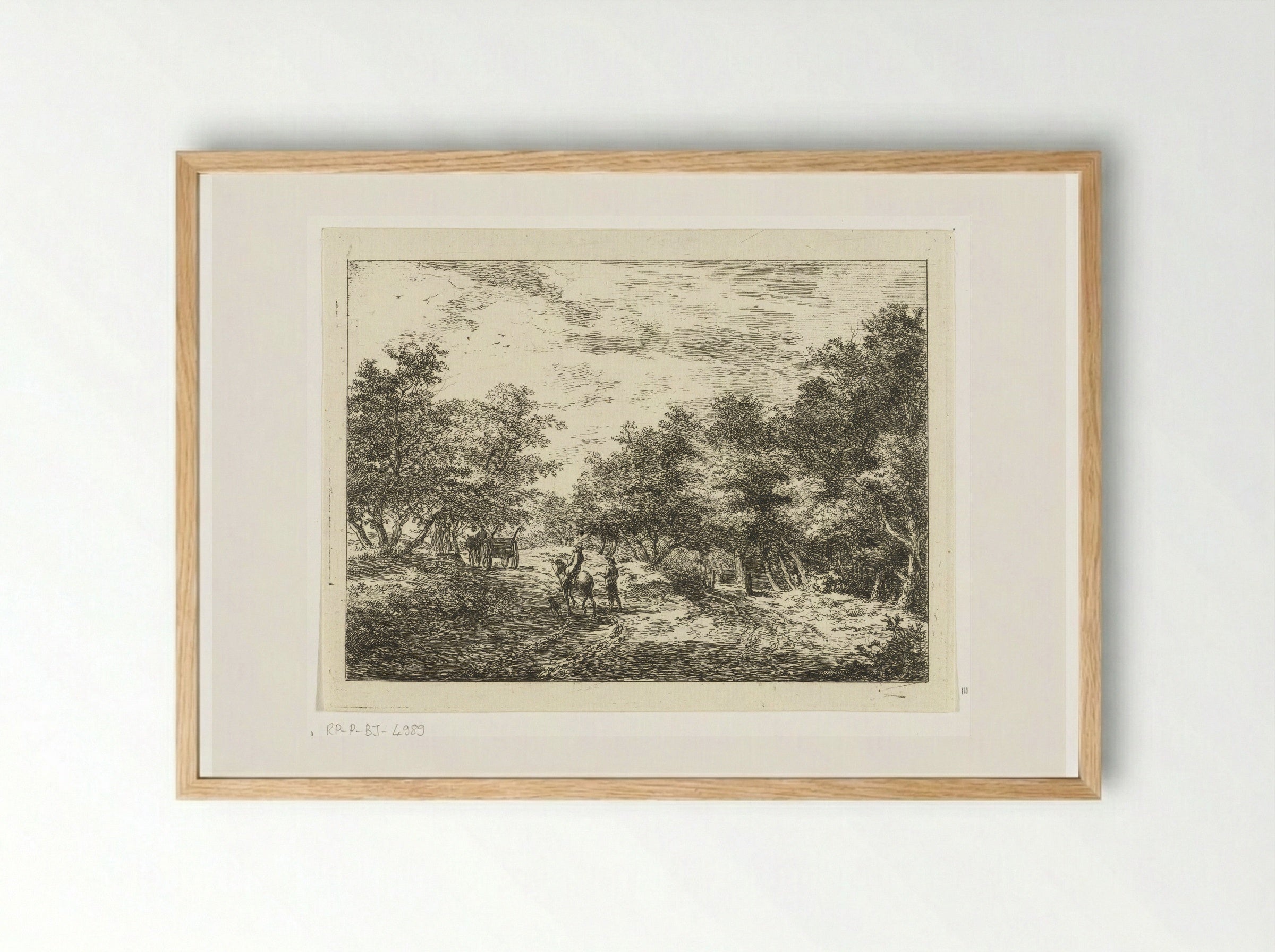 Pad door het bos met wagen, wandelaar en ruiter - Hermanus van Brussel - Framed Print Wood