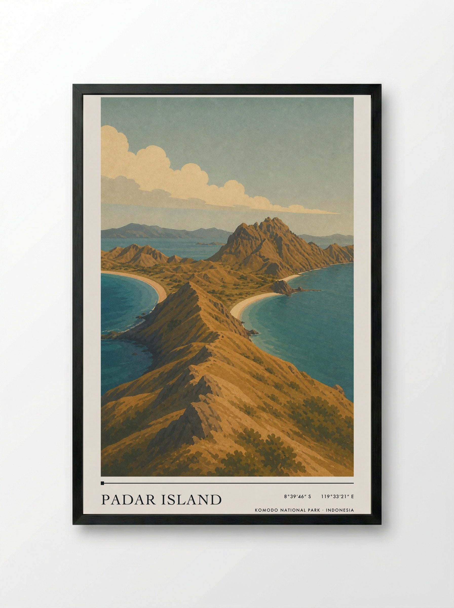 Padar Island Travel Poster Artwork - Framed Print Black