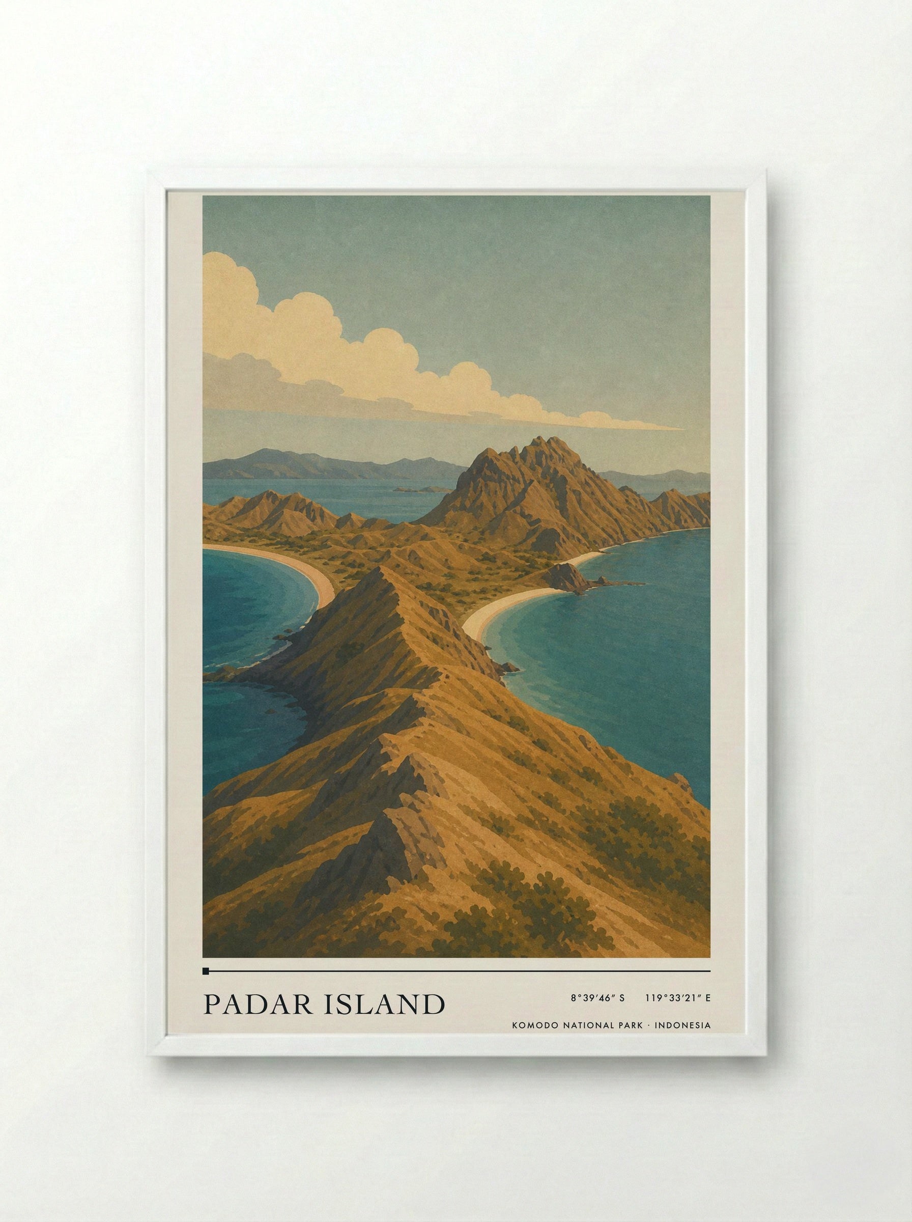 Padar Island Travel Poster Artwork - Framed Print White