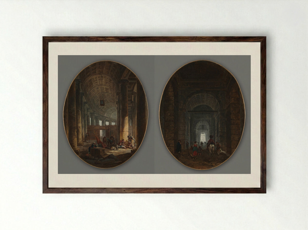 Pair of Paintings: The Colonnade of St. Peter's and The Grotto of Posillipo - Hubert Robert - Framed Print Dark Wood