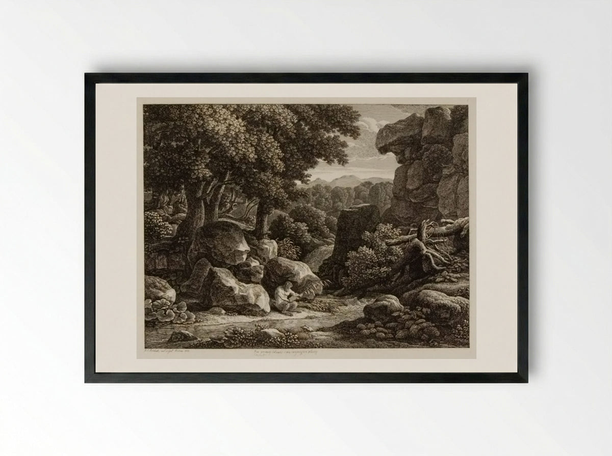 Pan Inventing the Pipe of Reeds - Johann Christian Reinhart - Framed Print Black