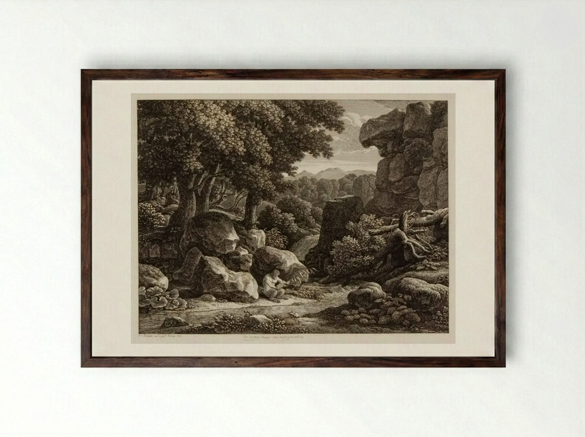 Pan Inventing the Pipe of Reeds - Johann Christian Reinhart - Framed Print Dark Wood