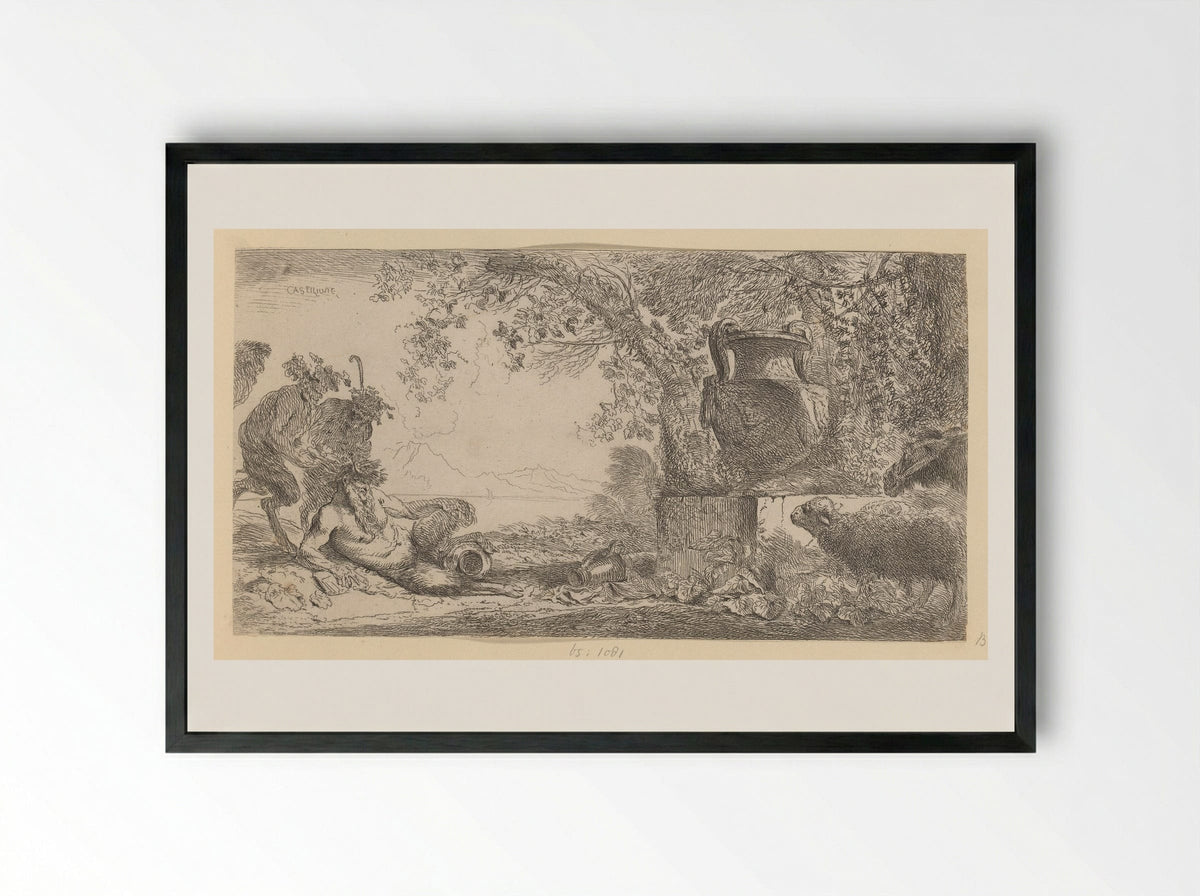 Pan Reclining by a Vase - Giovanni Benedetto Castiglione - Framed Print Black