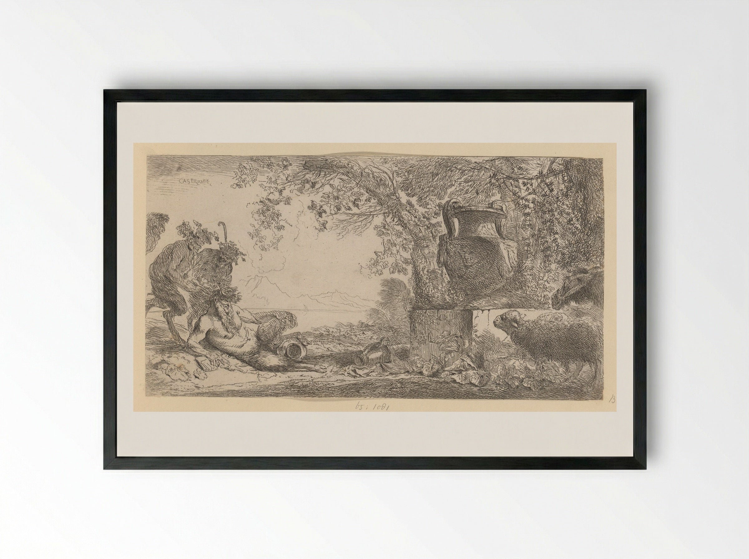 Pan Reclining by a Vase - Giovanni Benedetto Castiglione - Framed Print Black