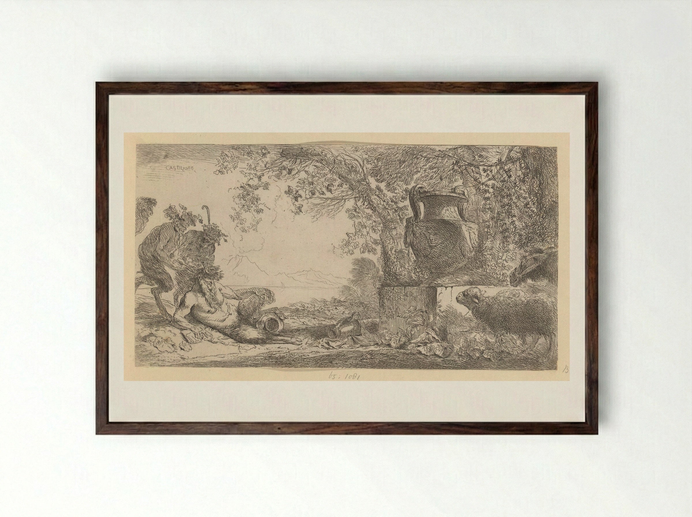 Pan Reclining by a Vase - Giovanni Benedetto Castiglione - Framed Print Dark Wood