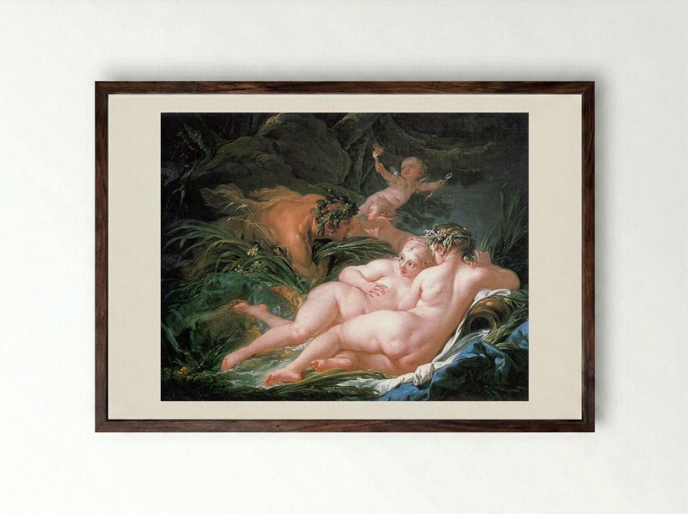 Pan and Syrinx - François Boucher - Framed Print Dark Wood