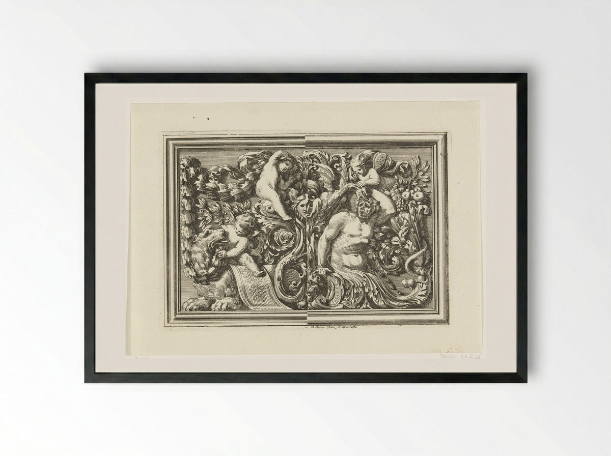 Paneel met links twee putti en een leeuw - Jean Lepautre - Framed Print Black