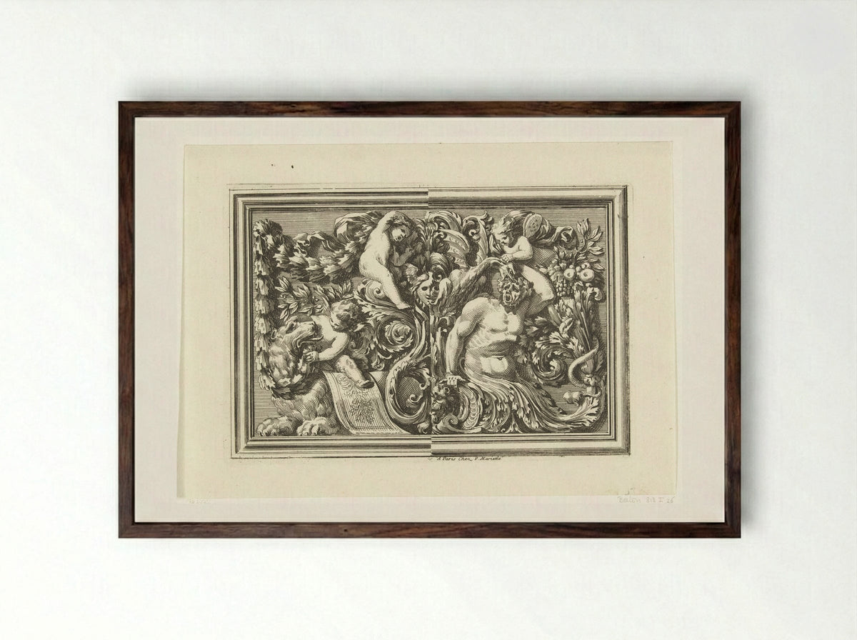 Paneel met links twee putti en een leeuw - Jean Lepautre - Framed Print Dark Wood