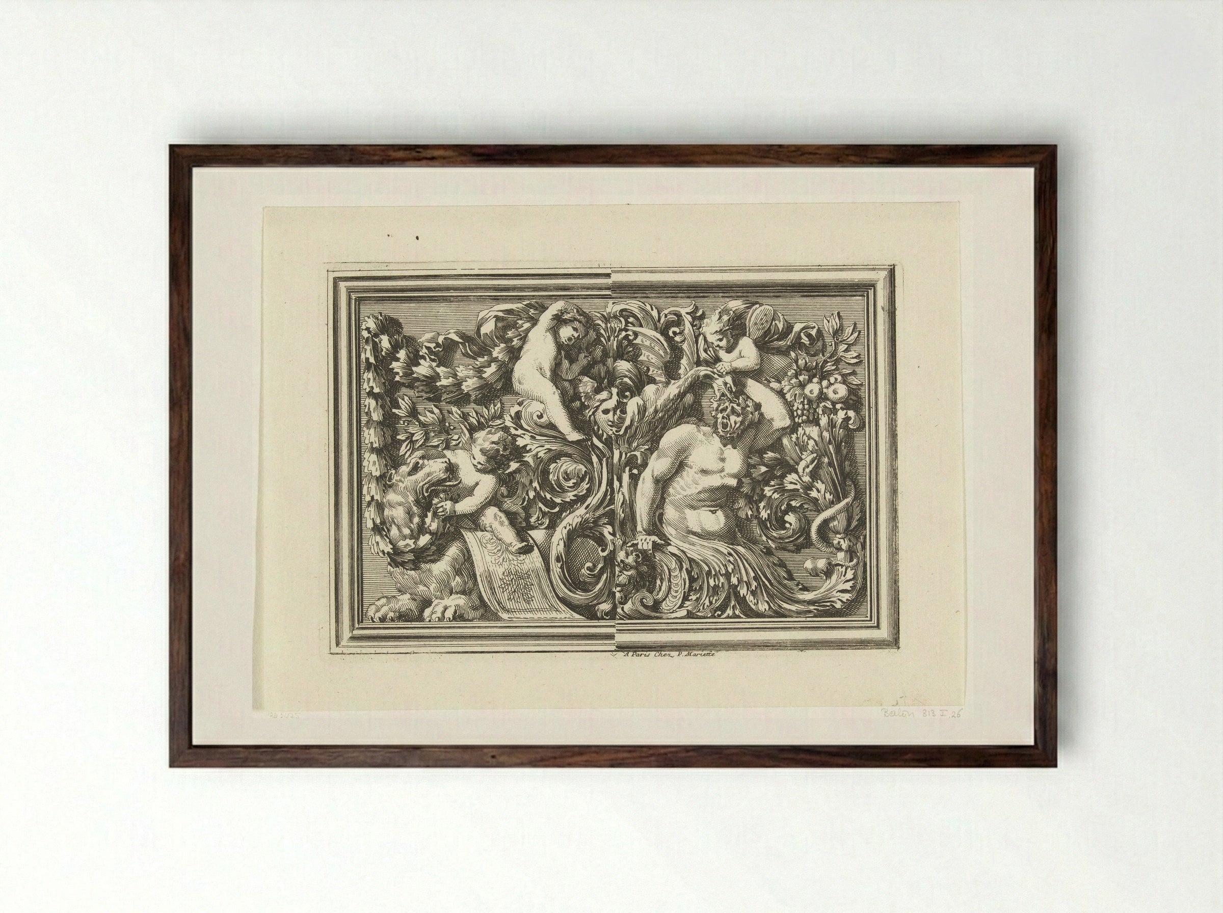 Paneel met links twee putti en een leeuw - Jean Lepautre - Framed Print Dark Wood