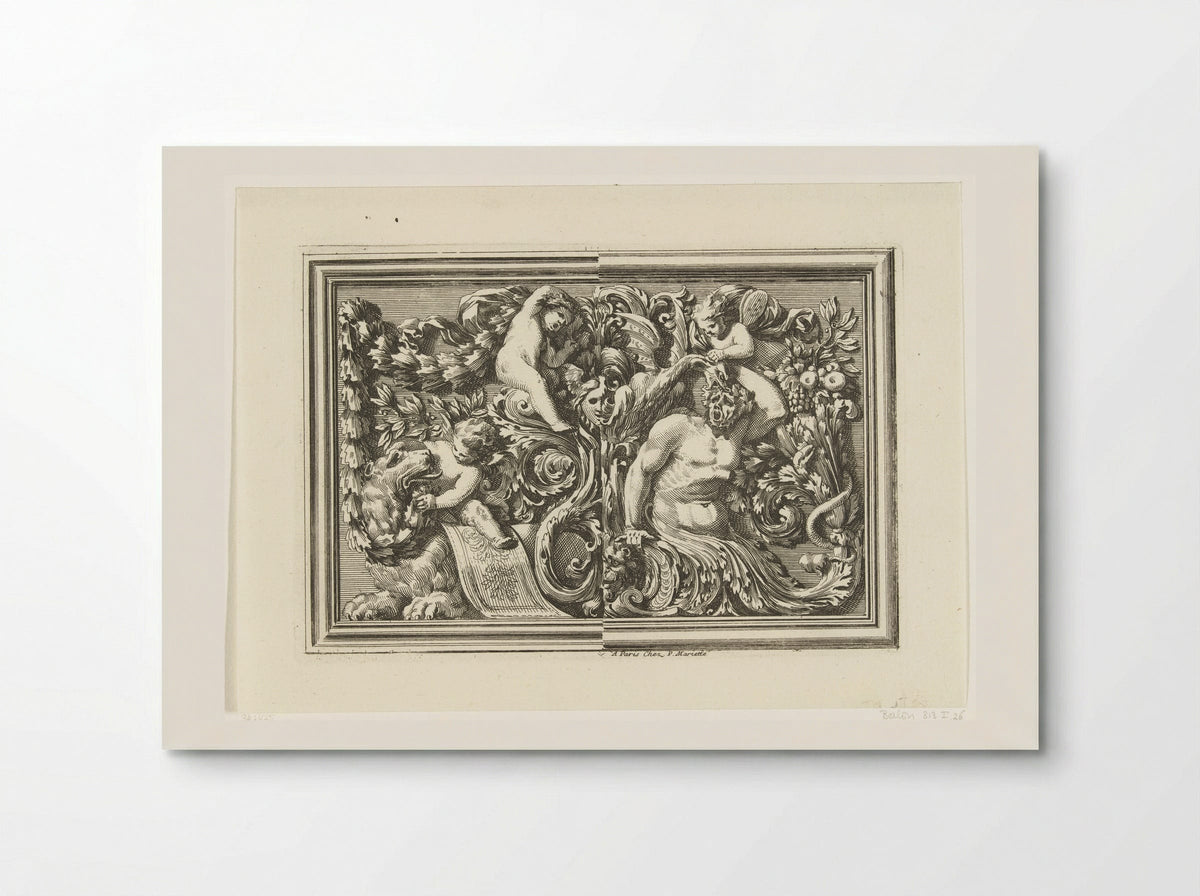Paneel met links twee putti en een leeuw - Jean Lepautre - Poster