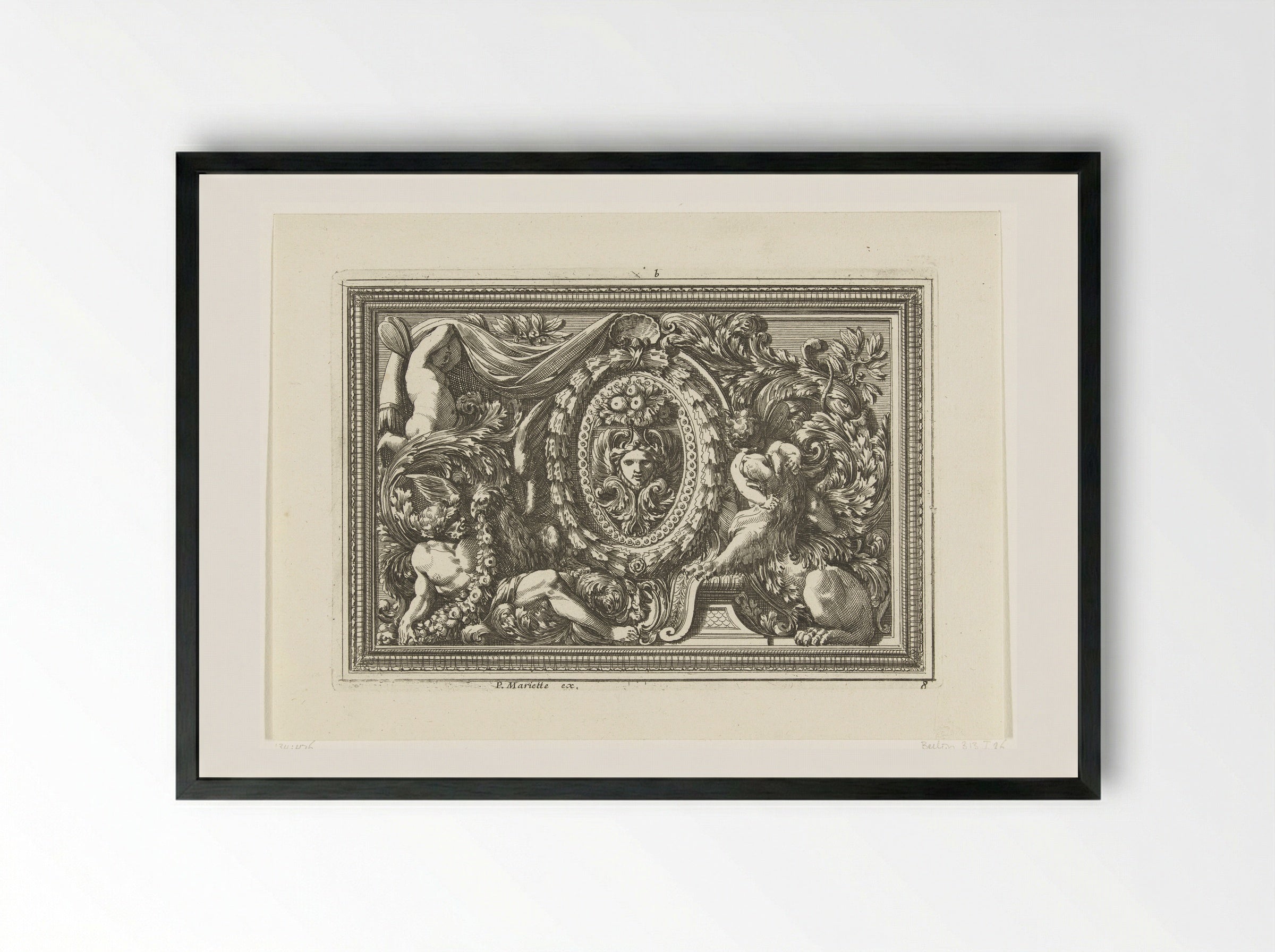 Paneel met masker in ovaal medaillon - Jean Lepautre - Framed Print Black