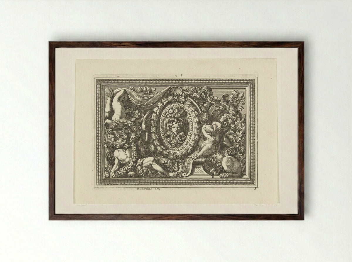 Paneel met masker in ovaal medaillon - Jean Lepautre - Framed Print Dark Wood