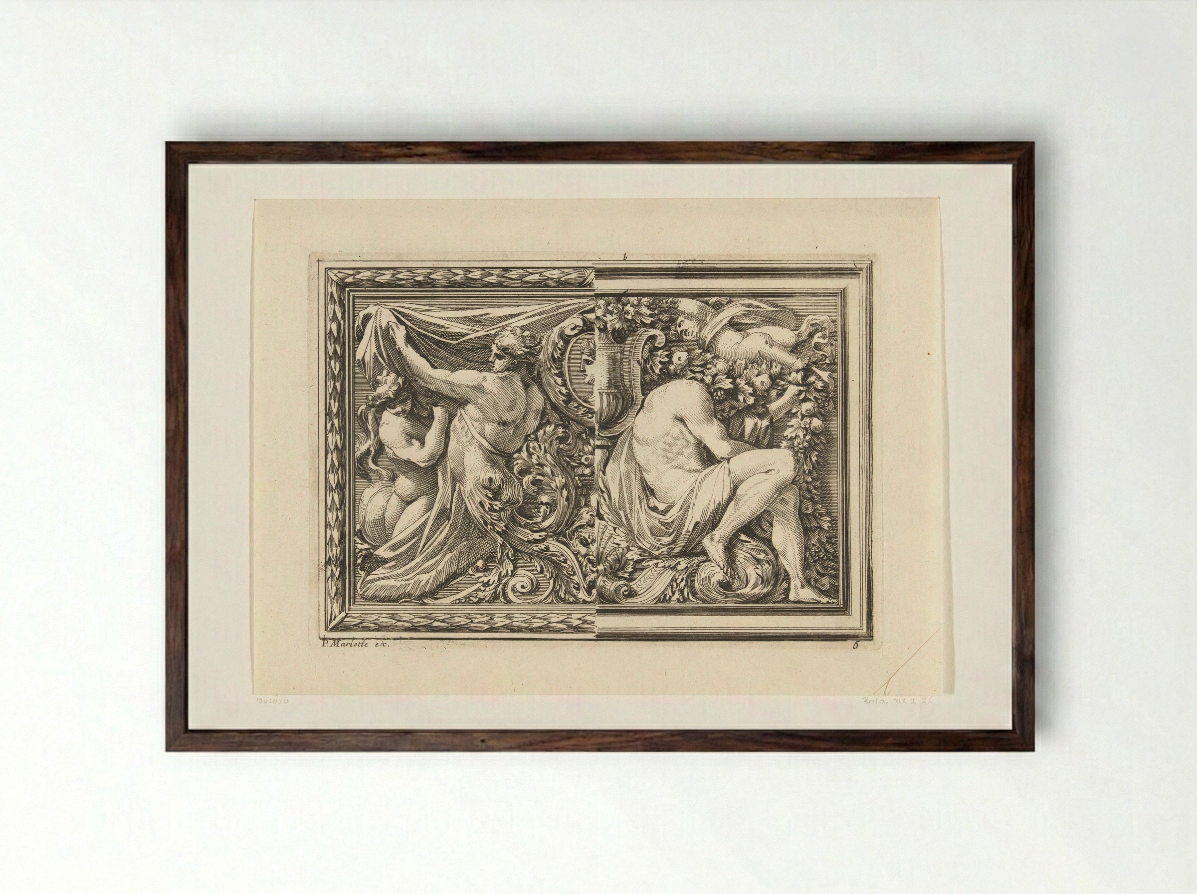 Paneel met naakte man en vrouw en zittende man - Jean Lepautre - Framed Print Dark Wood