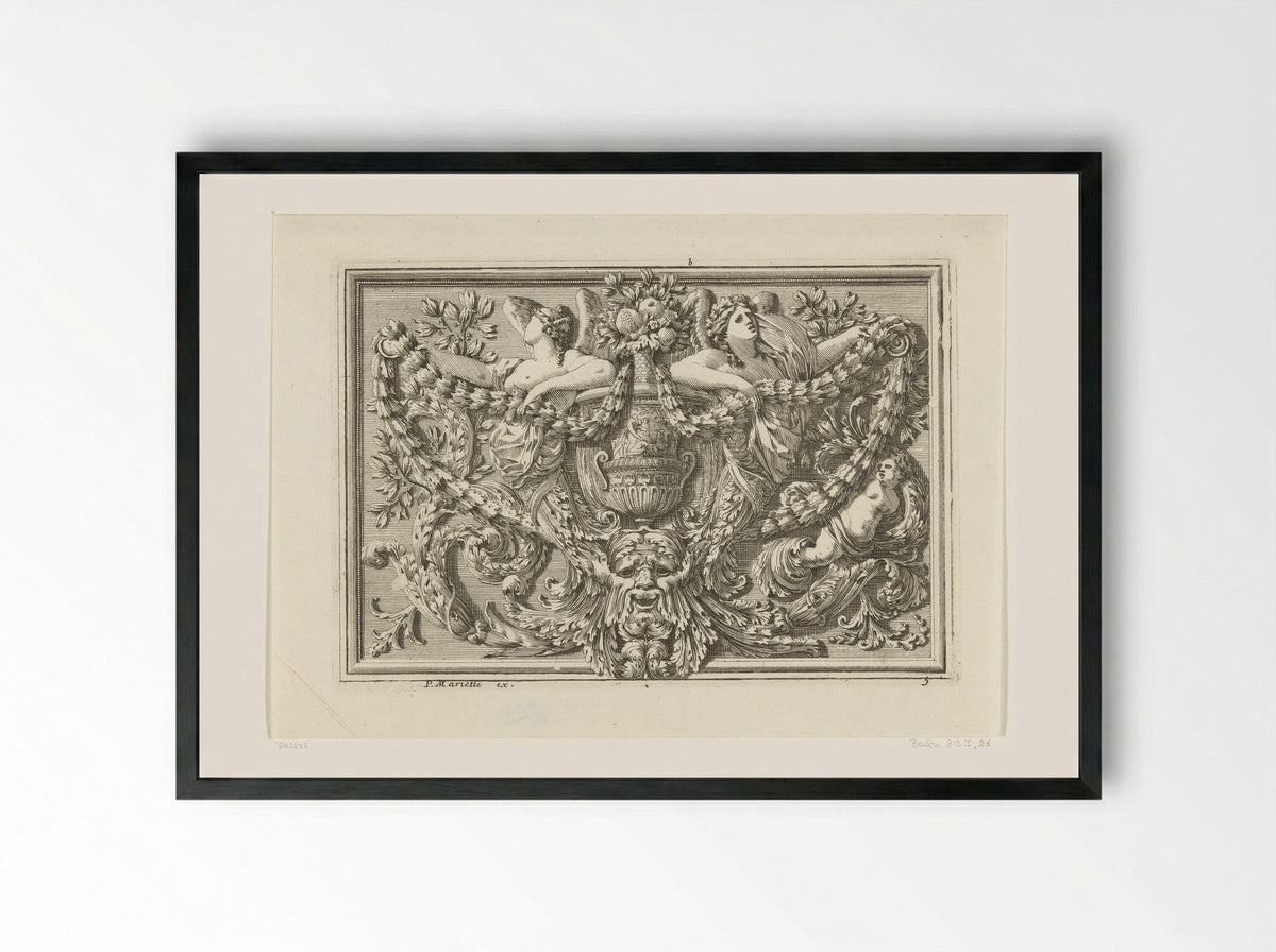 Panel with Vase and Mask - Jean Lepautre - Framed Print Black