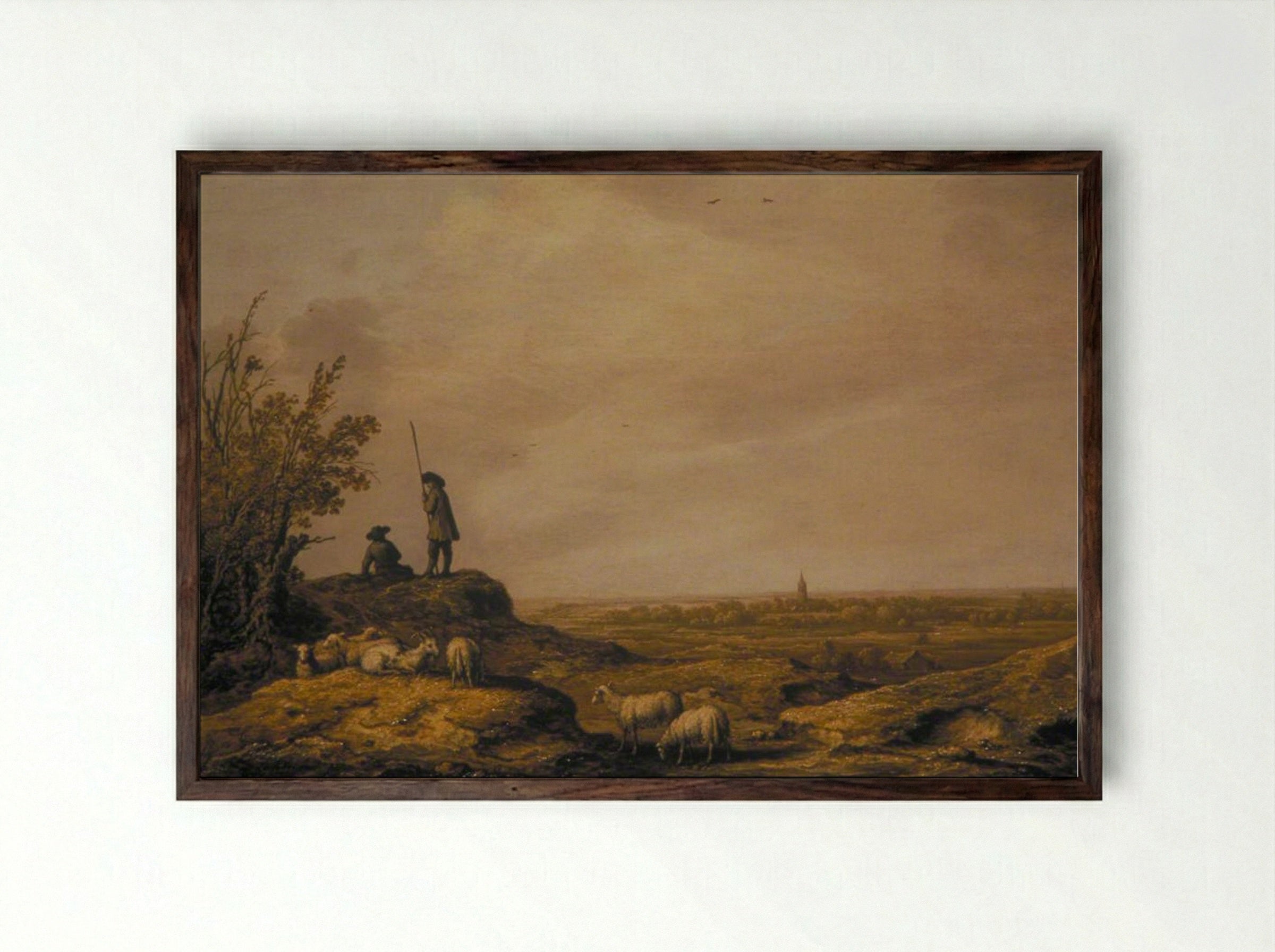 Panoramic Landscape with Shepherds, Sheep and a Town in the Distance - Aelbert Cuyp - Framed Print Dark Wood