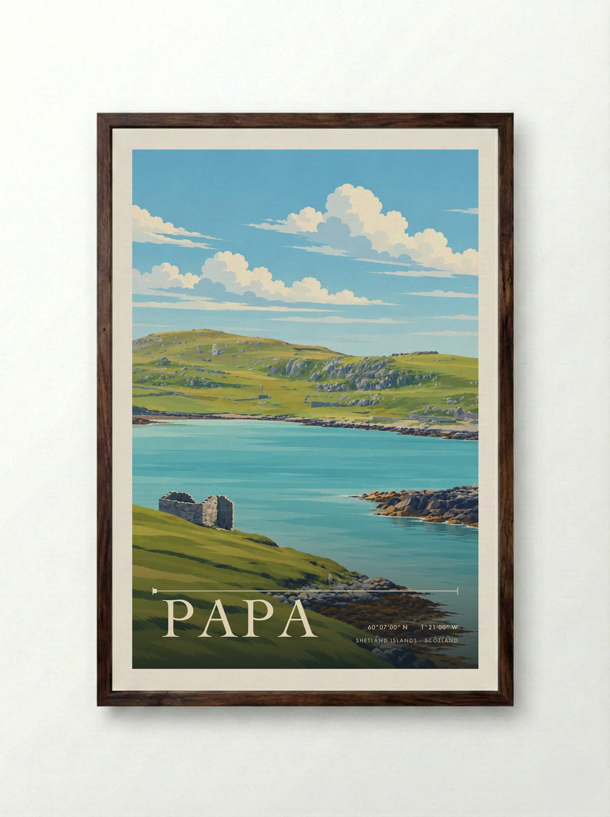 Papa, Shetland Islands | Travel Poster - Framed Print Dark Wood