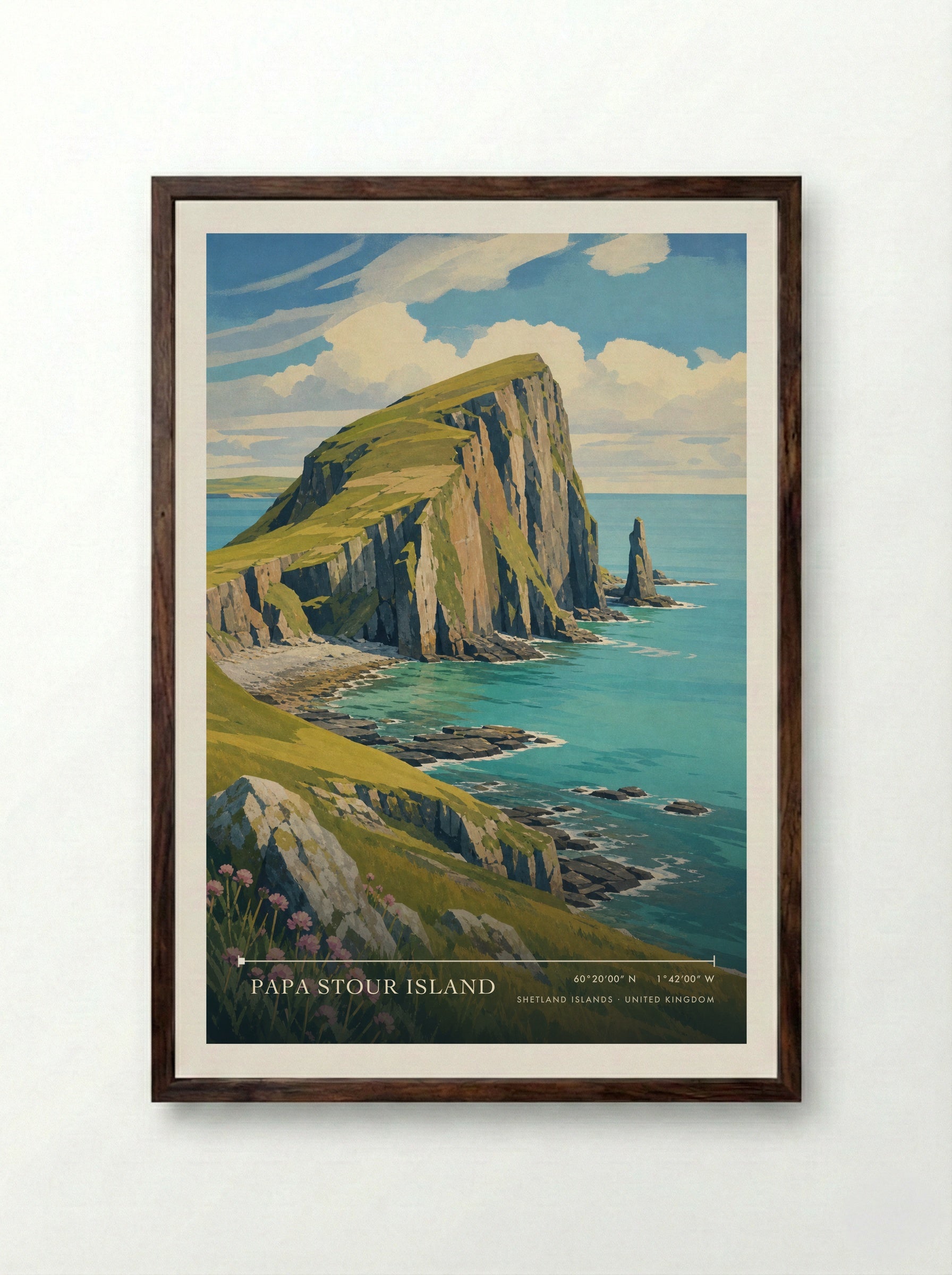 Papa Stour Island Shetland Islands United Kingdom Travel Poster - Framed Print Dark Wood