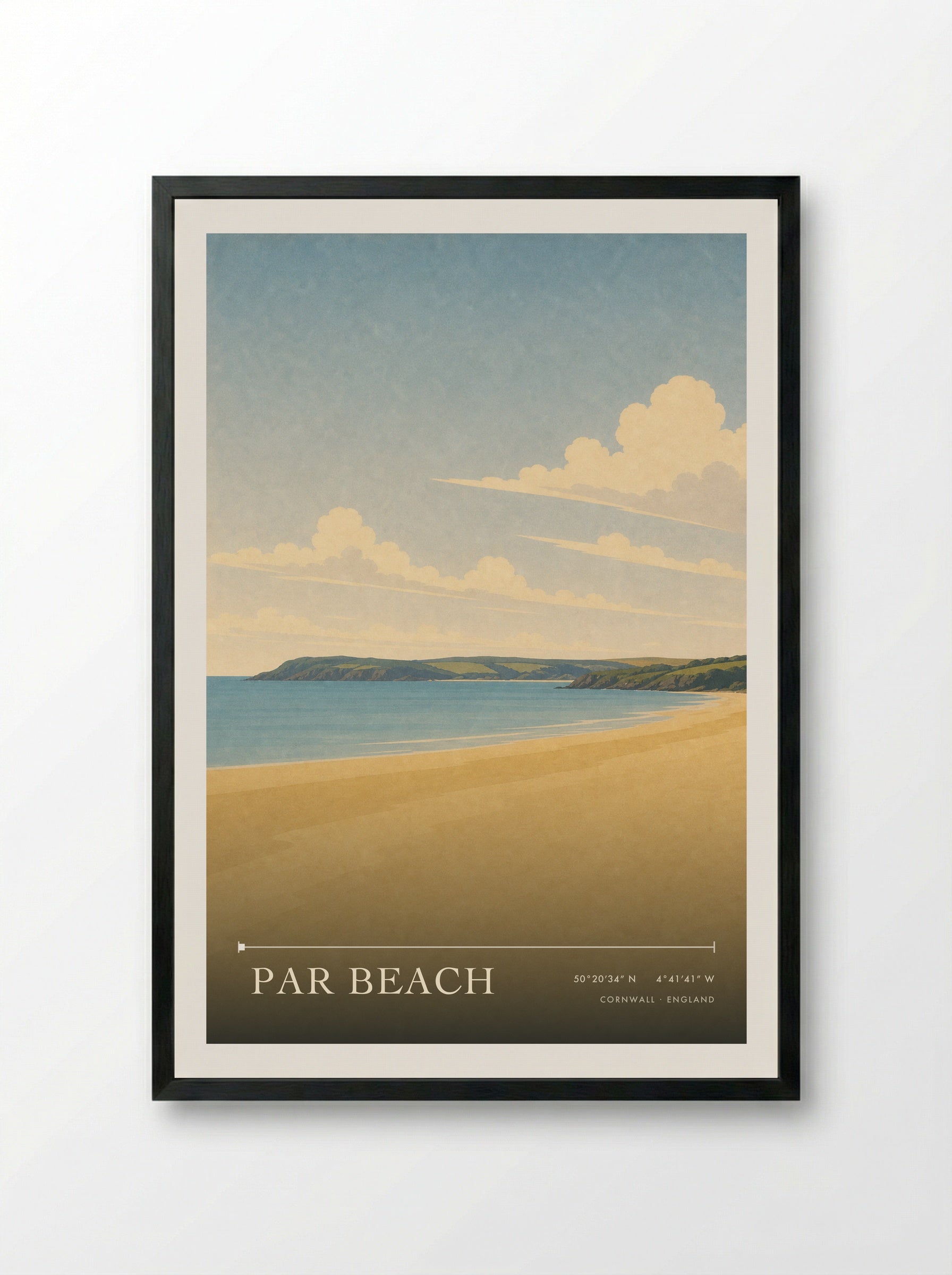 Par Beach Cornwall England Travel Poster - Framed Print Black