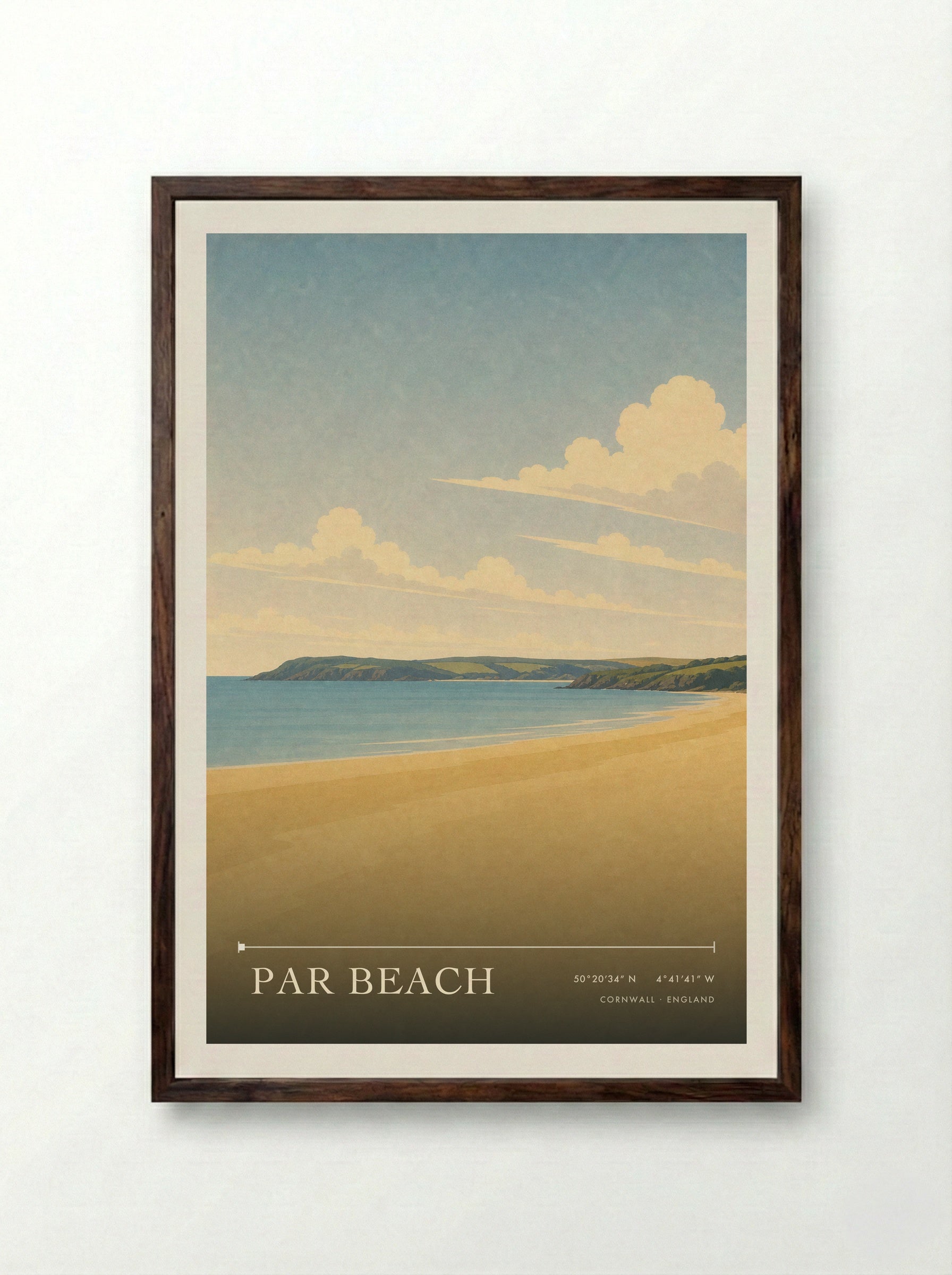 Par Beach Cornwall England Travel Poster - Framed Print Dark Wood