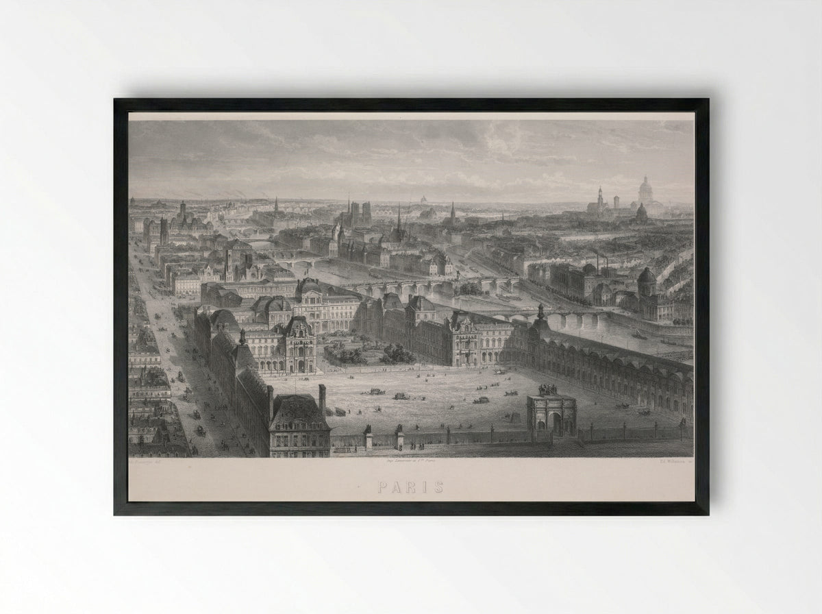 Paris (Panoramic View of the Louvre and Seine) - Adolphe Rouargue - Framed Print Black