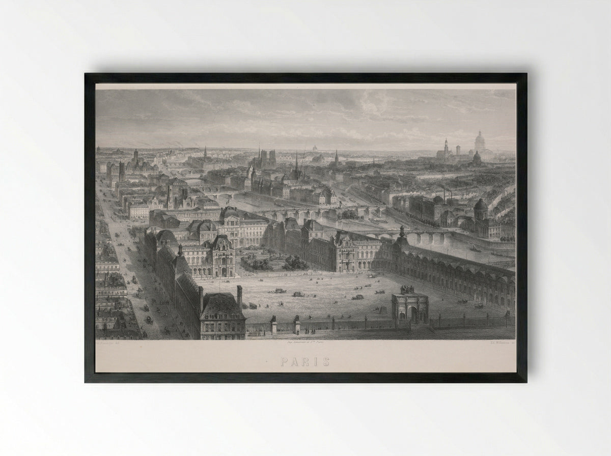 Paris (Panoramic View of the Louvre and Seine) - Adolphe Rouargue - Framed Print Black