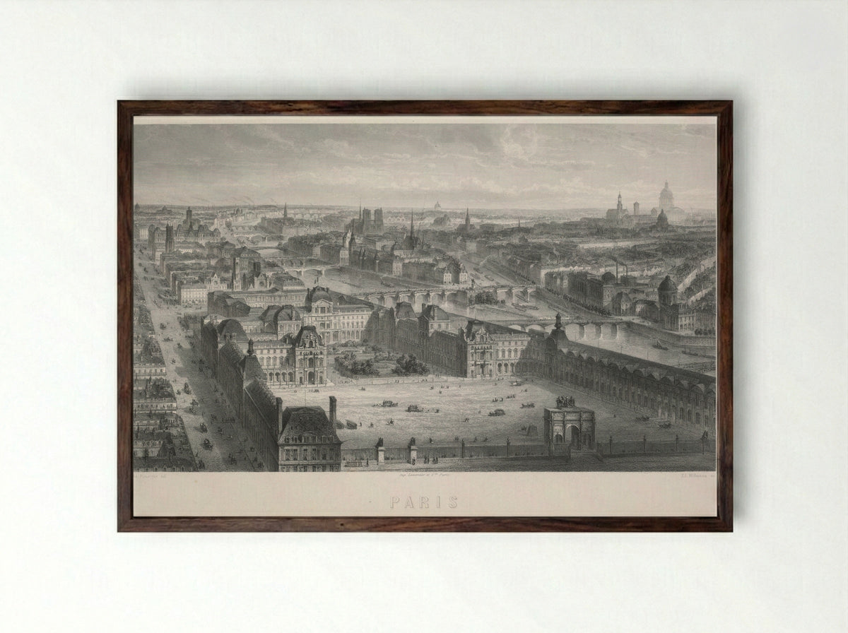 Paris (Panoramic View of the Louvre and Seine) - Adolphe Rouargue - Framed Print Dark Wood