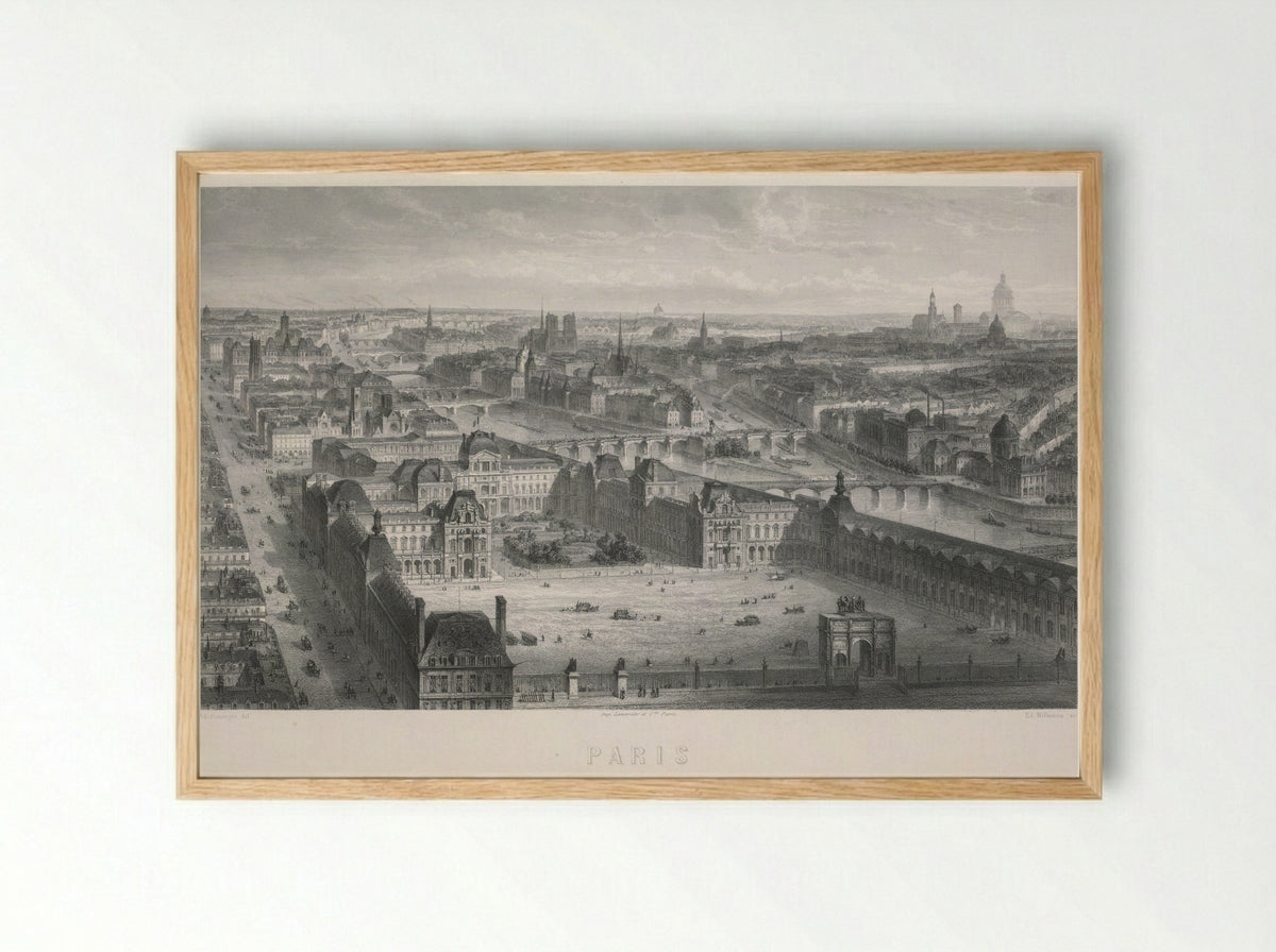 Paris (Panoramic View of the Louvre and Seine) - Adolphe Rouargue - Framed Print Wood