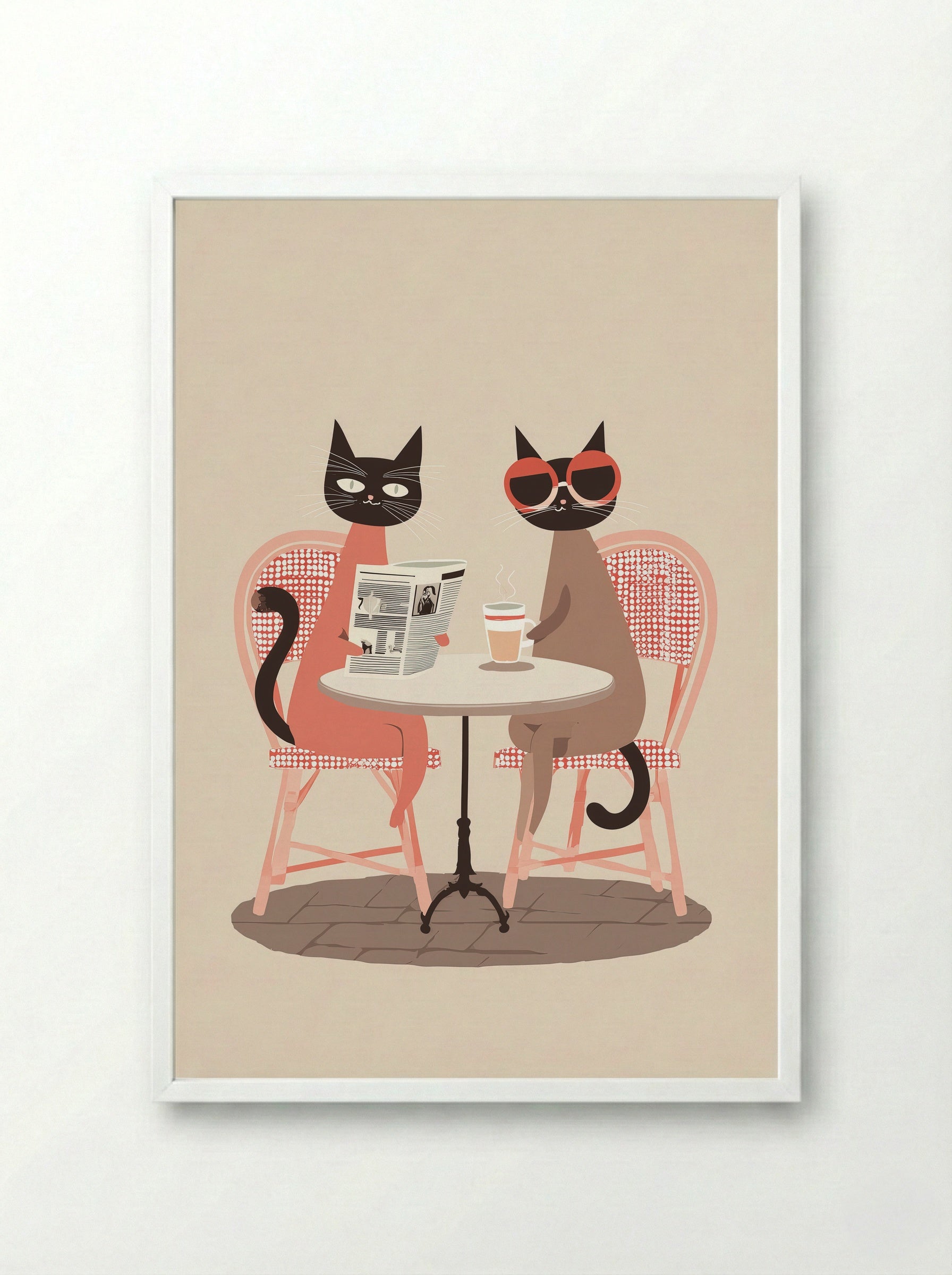 Parisian Cats at Café Pause - Framed Print White