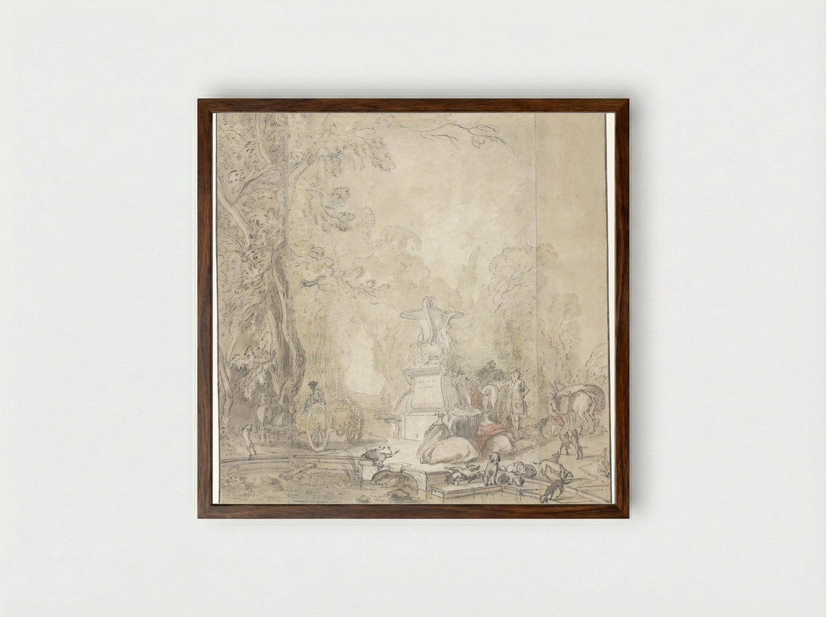 Park View with a Hunting Party - Jacques de Lajoue - Framed Print Dark Wood