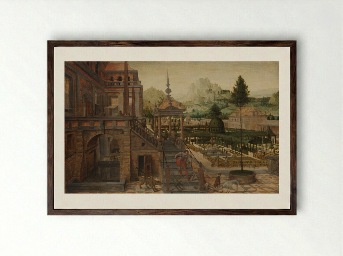 Parkaanleg bij een paleis met op de voorgrond de arme Lazarus - Hans Vredeman de Vries - Framed Print Dark Wood
